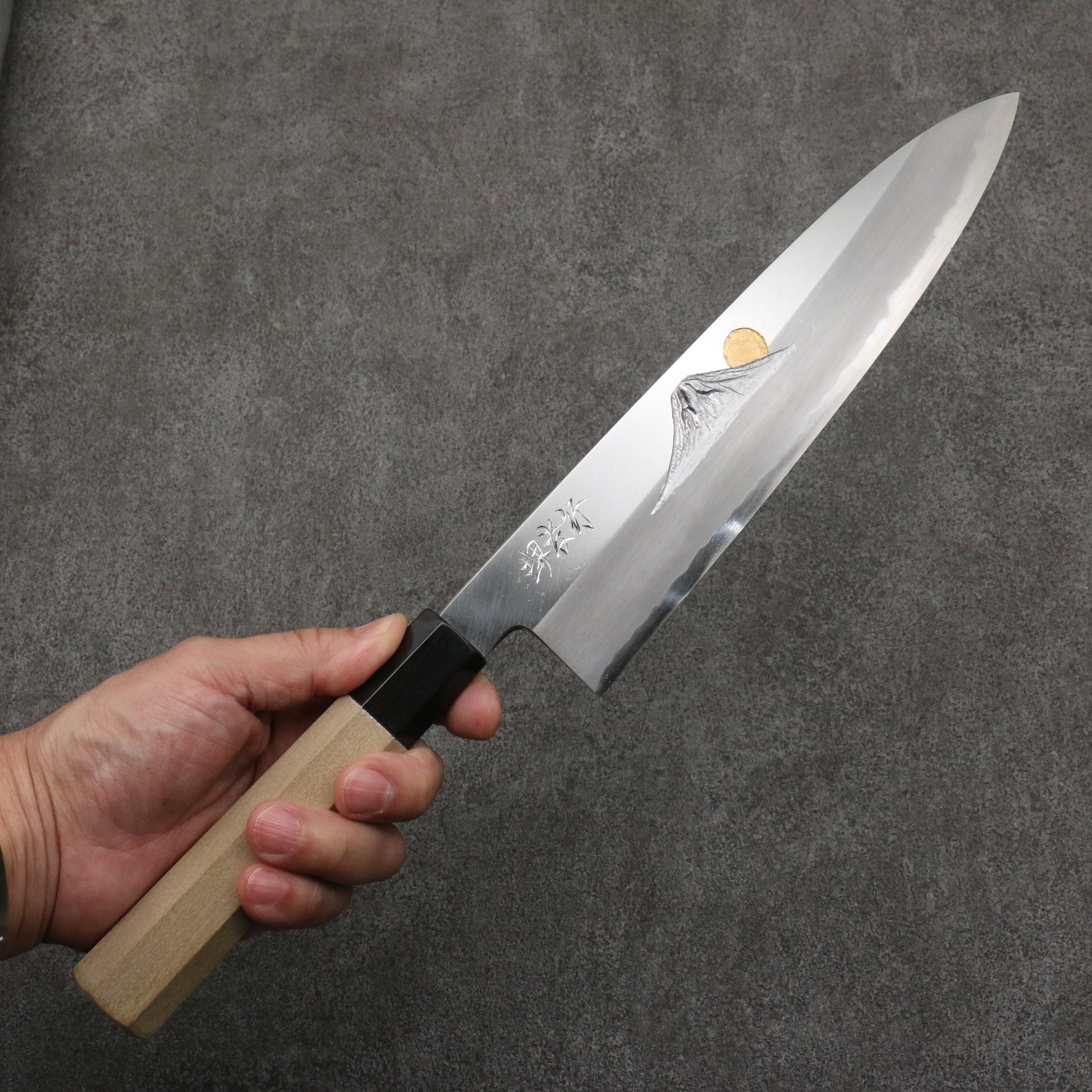 Sakai Takayuki Gold Filled Engraving by Kubota Fuji and Sunset Blue Steel No.2 Gyuto 240mm Magnolia (Ferrule: Water Buffalo Horn) Handle - Seisuke Knife