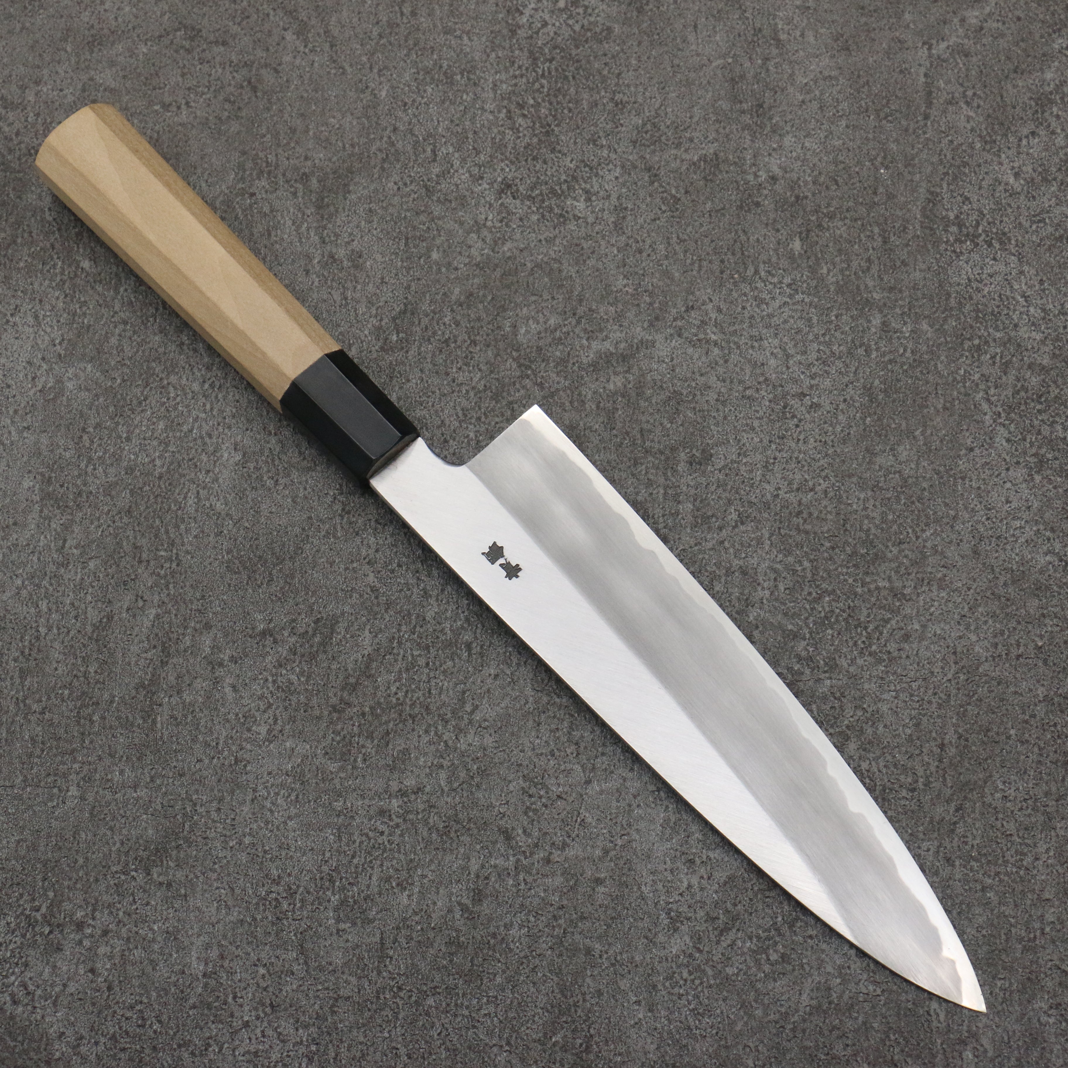 Sakai Takayuki Gold Filled Fuji and Sunset Engraving by Kubota Blue Steel No.2 Gyuto 210mm Magnolia & Water Buffalo Horn Handle - Seisuke Knife