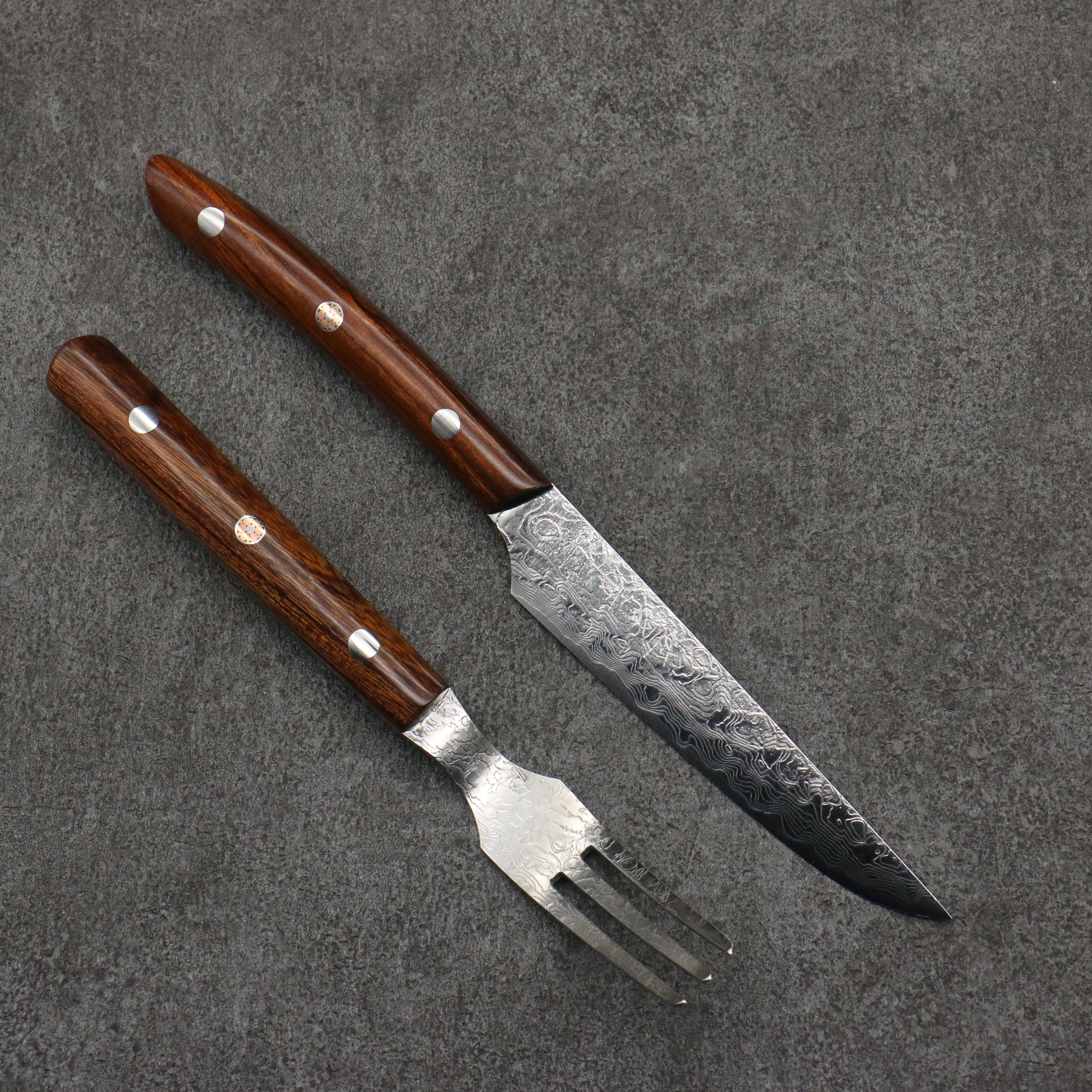 Takeshi Saji Steak Knife and Fork Set SG2 Damascus Diamond Finish 125mm Ironwood Handle - Seisuke Knife