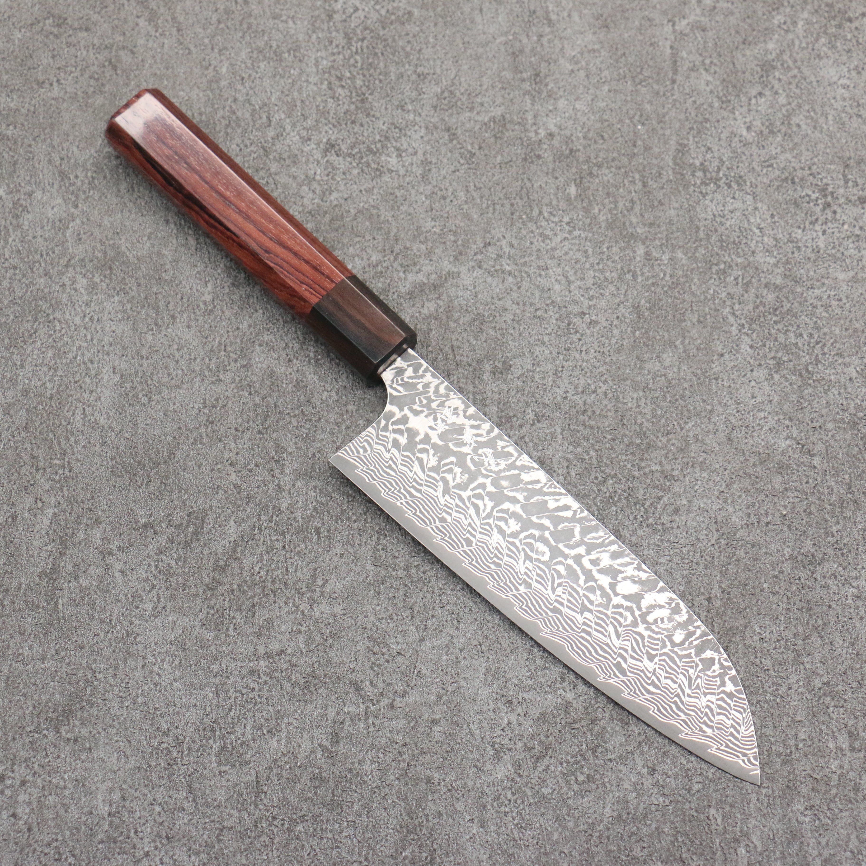 Yoshimi Kato SG2 Black Damascus Santoku 170mm Rosewood (Ferrule: Ebony) Handle - Seisuke Knife