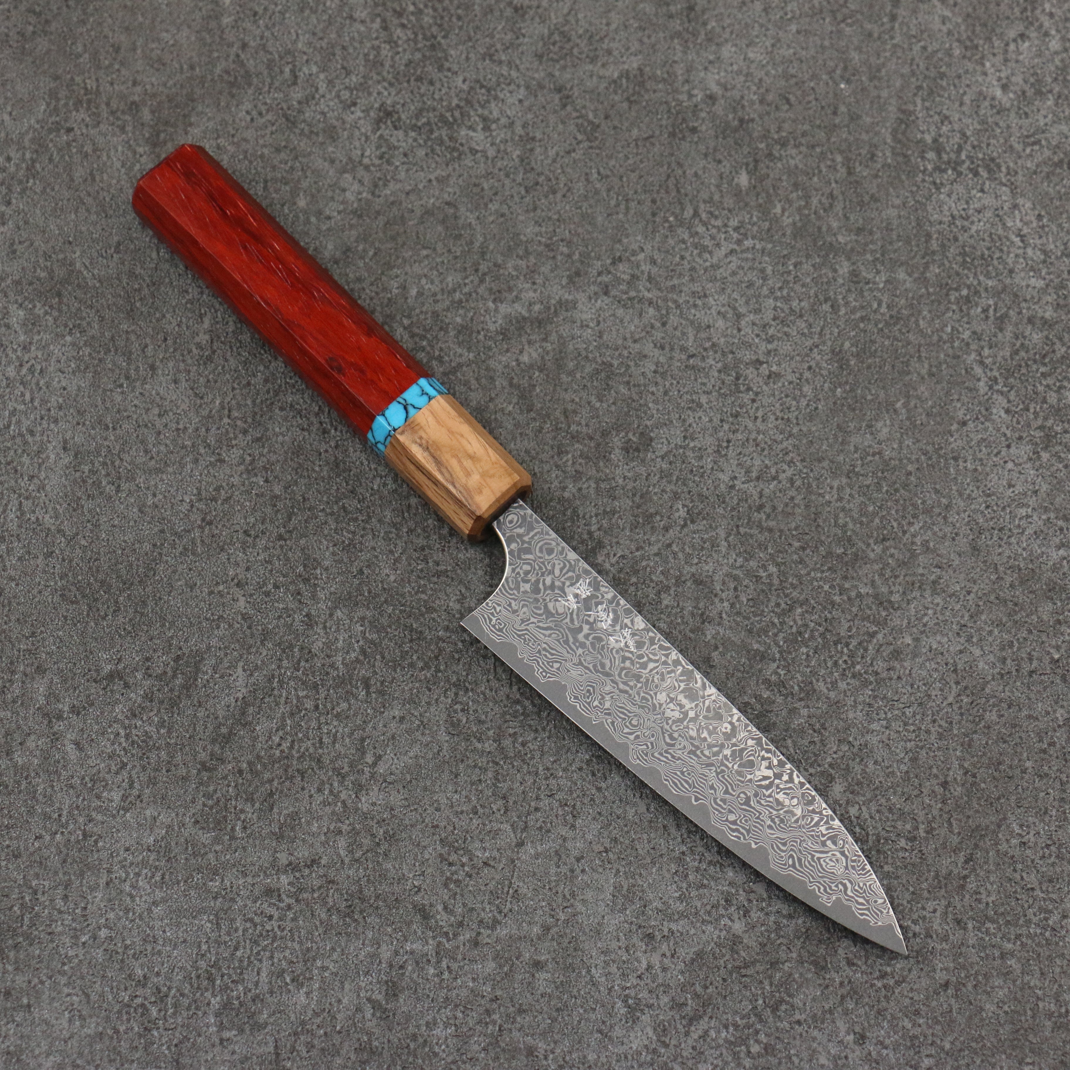 Yoshimi Kato VG10 Black Damascus Petty-Utility 120mm Padoauk(Turquoise Ring) Handle - Seisuke Knife