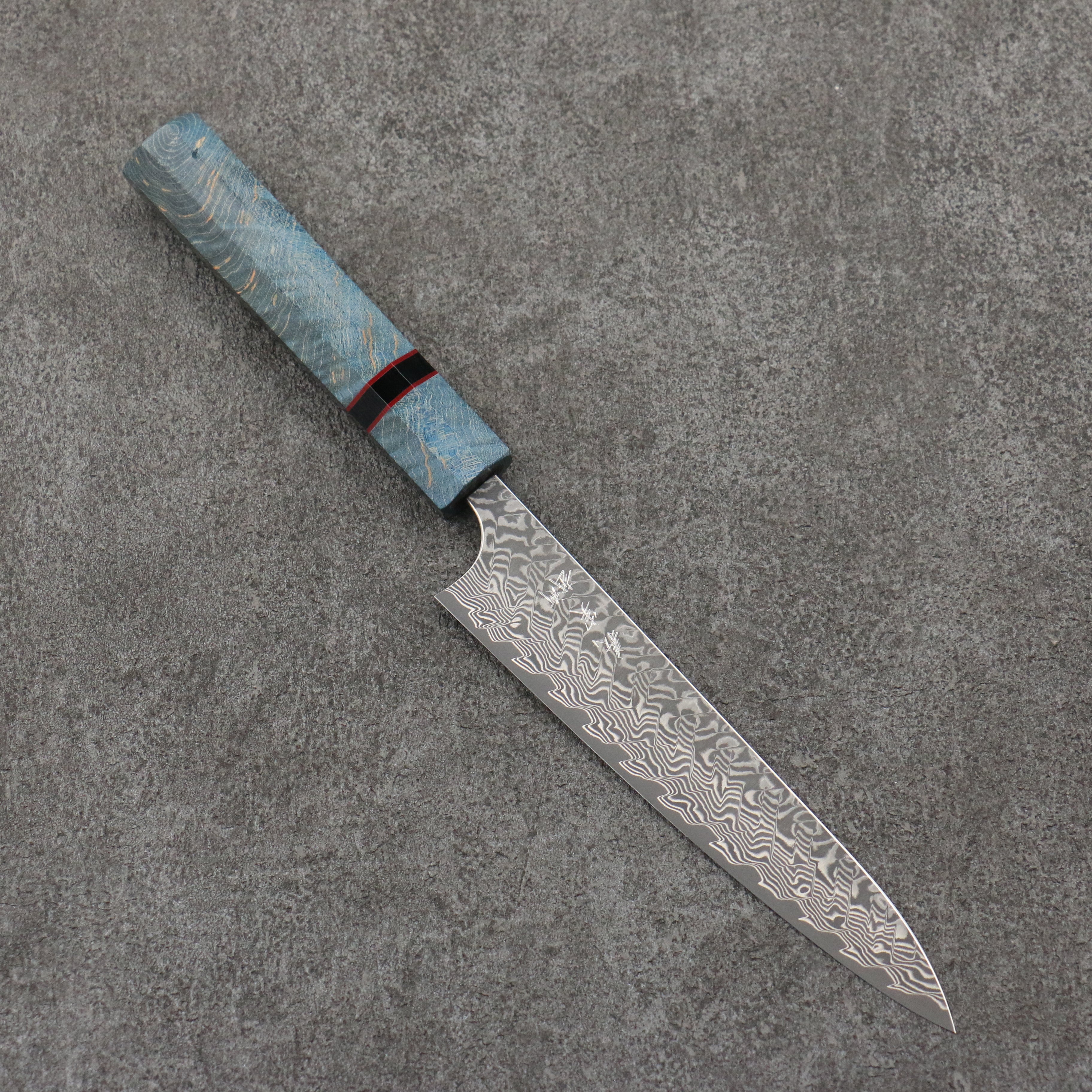 Yoshimi Kato SG2 Black Damascus Petty-Utility 150mm Blue Stabilized Wood (With Black Ring) Handle - Seisuke Knife