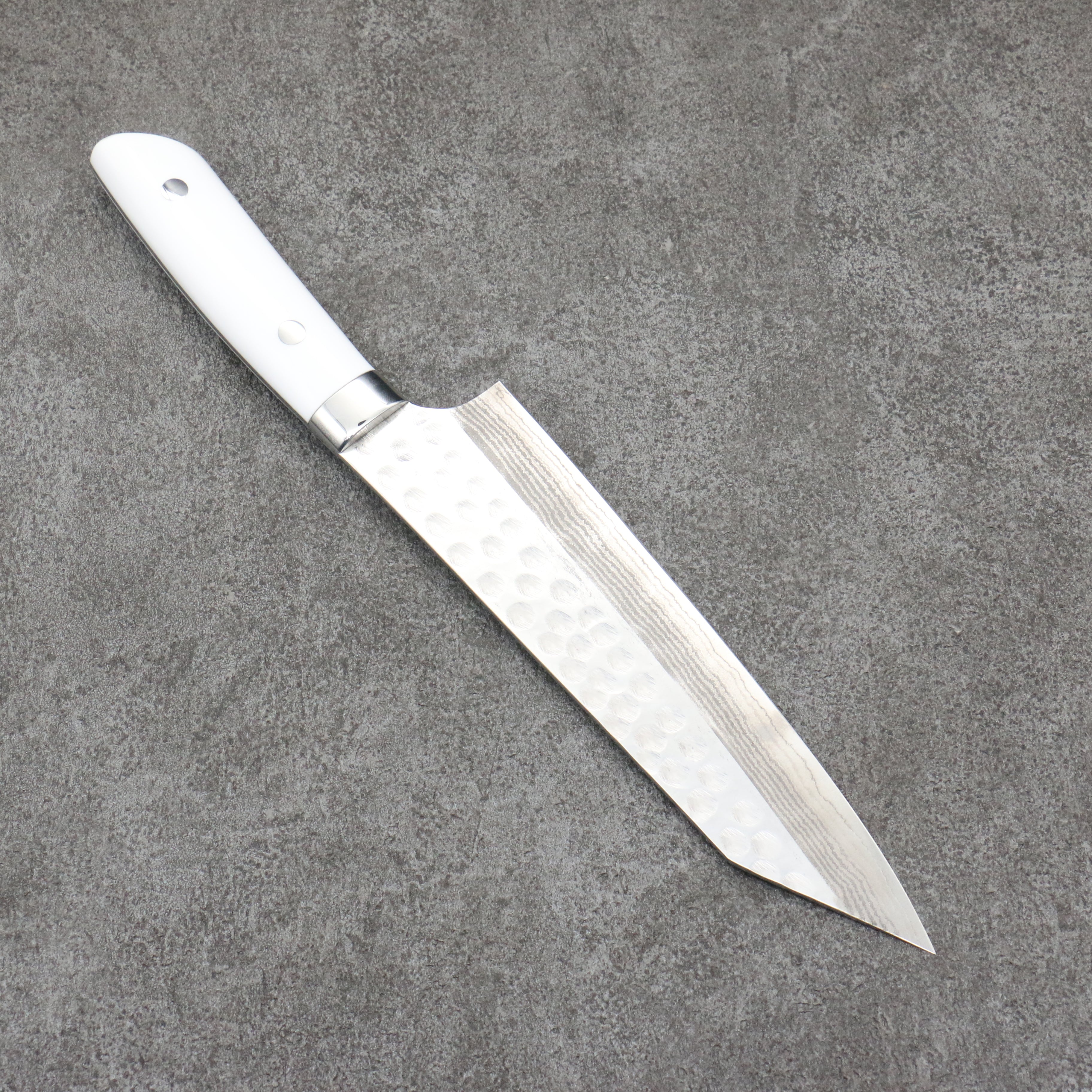 Takeshi Saji SRS13 Hammered Damascus Kiritsuke Gyuto180mm White Corian Handle - Seisuke Knife
