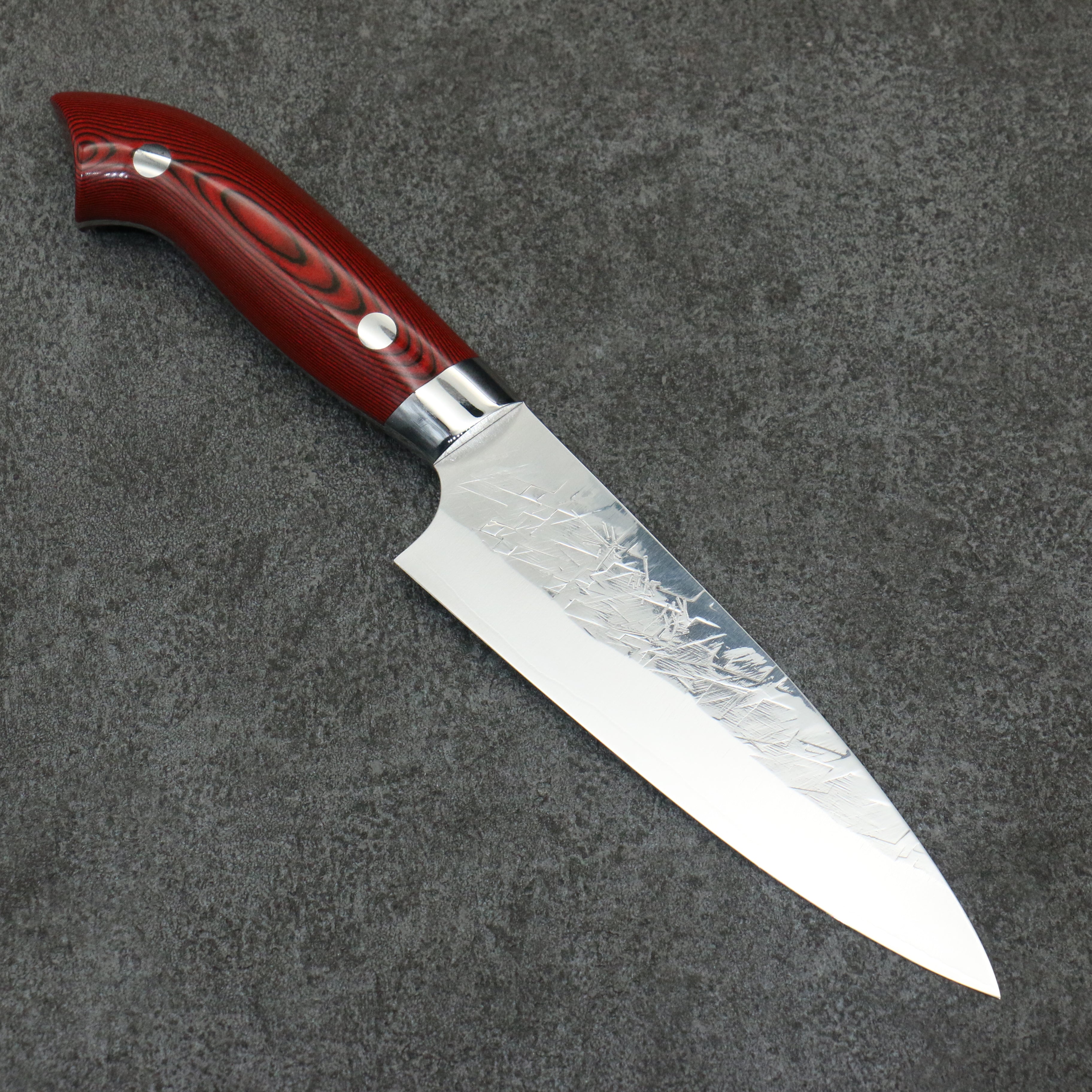 Takeshi Saji New Nomura Style SRS13 Hammered Petty-Utility 130mm Red and Black Micarta Handle - Seisuke Knife
