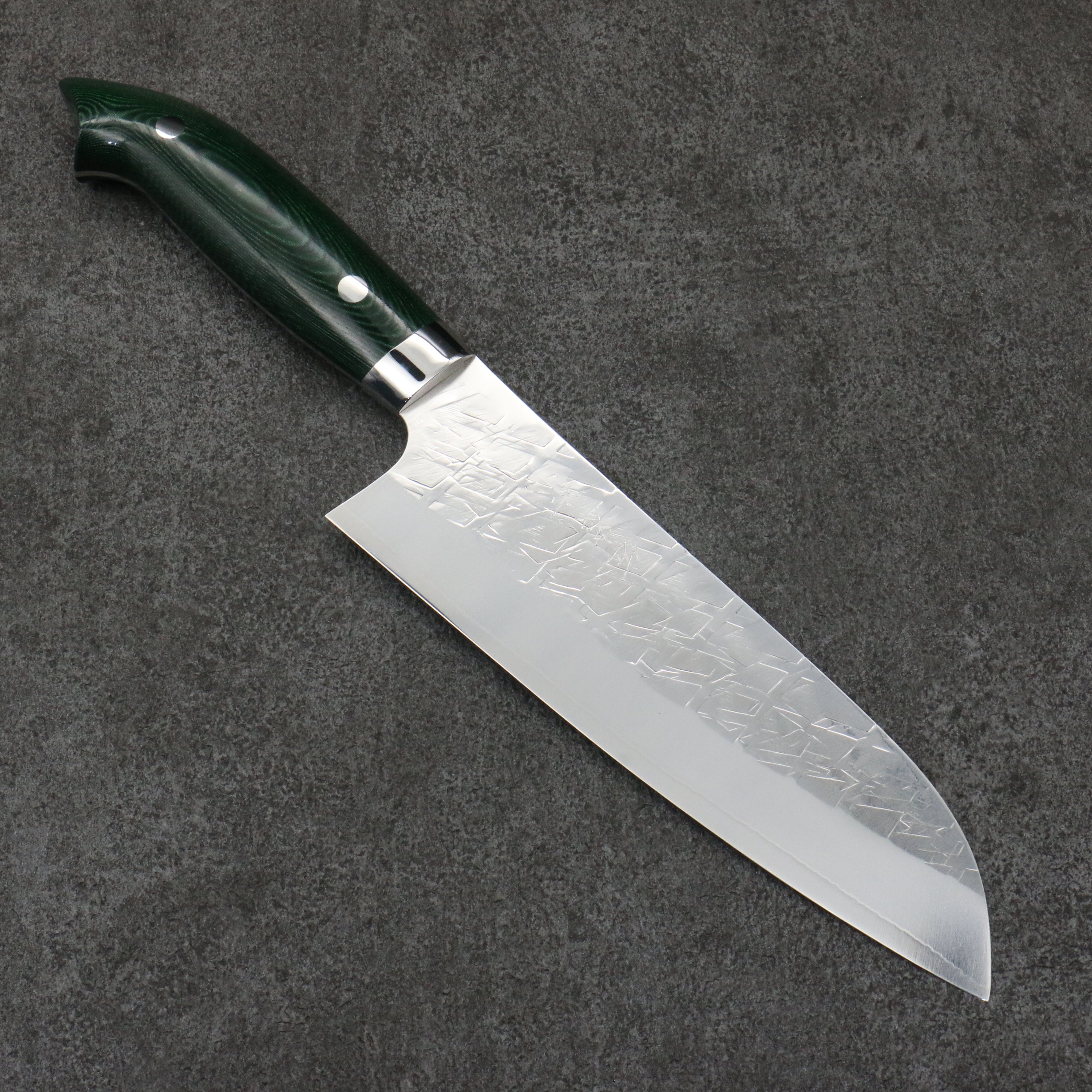 Takeshi Saji New Nomura Style SRS13 Hammered Santoku 180mm Green Micarta Handle - Seisuke Knife