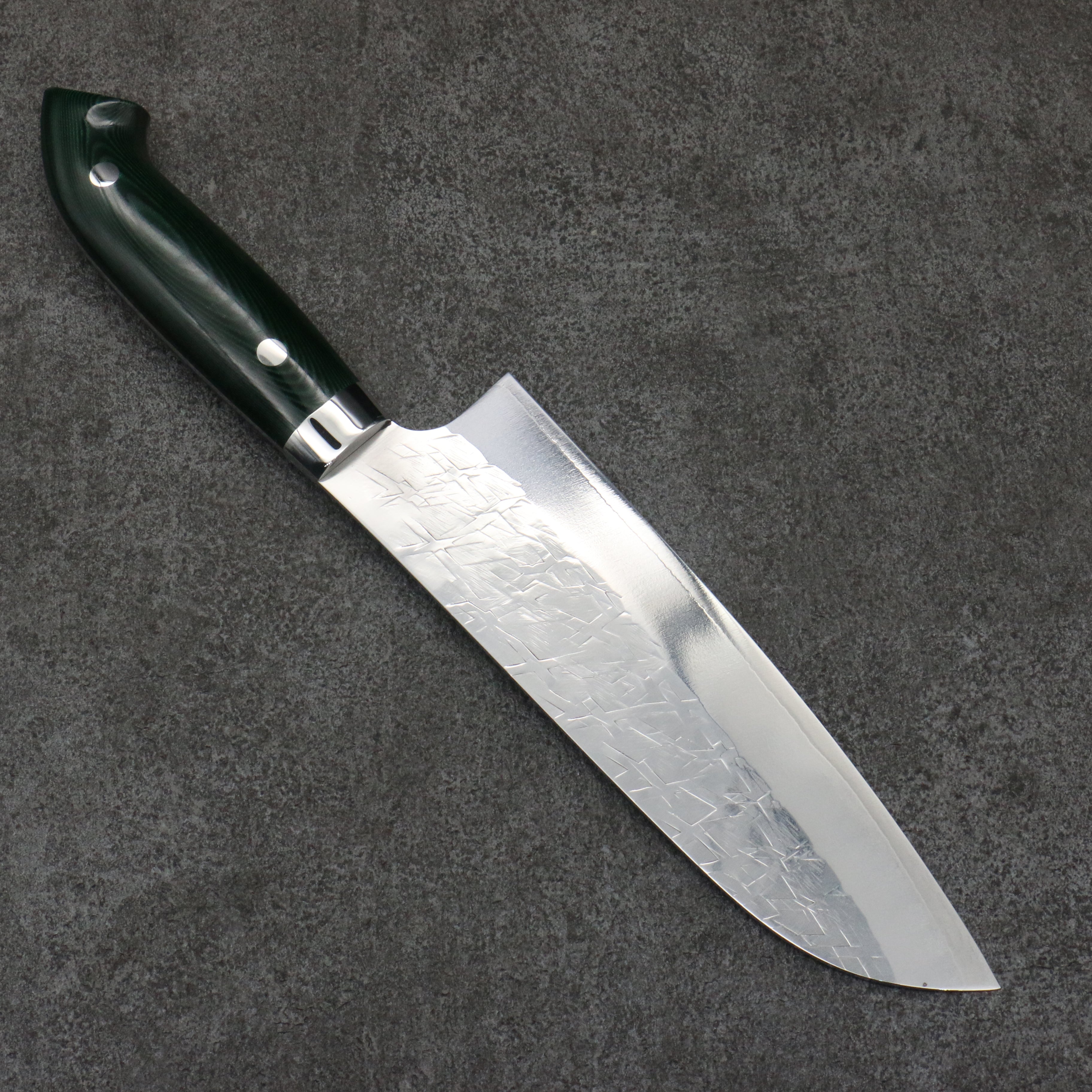 Takeshi Saji New Nomura Style SRS13 Hammered Santoku 180mm Green Micarta Handle - Seisuke Knife