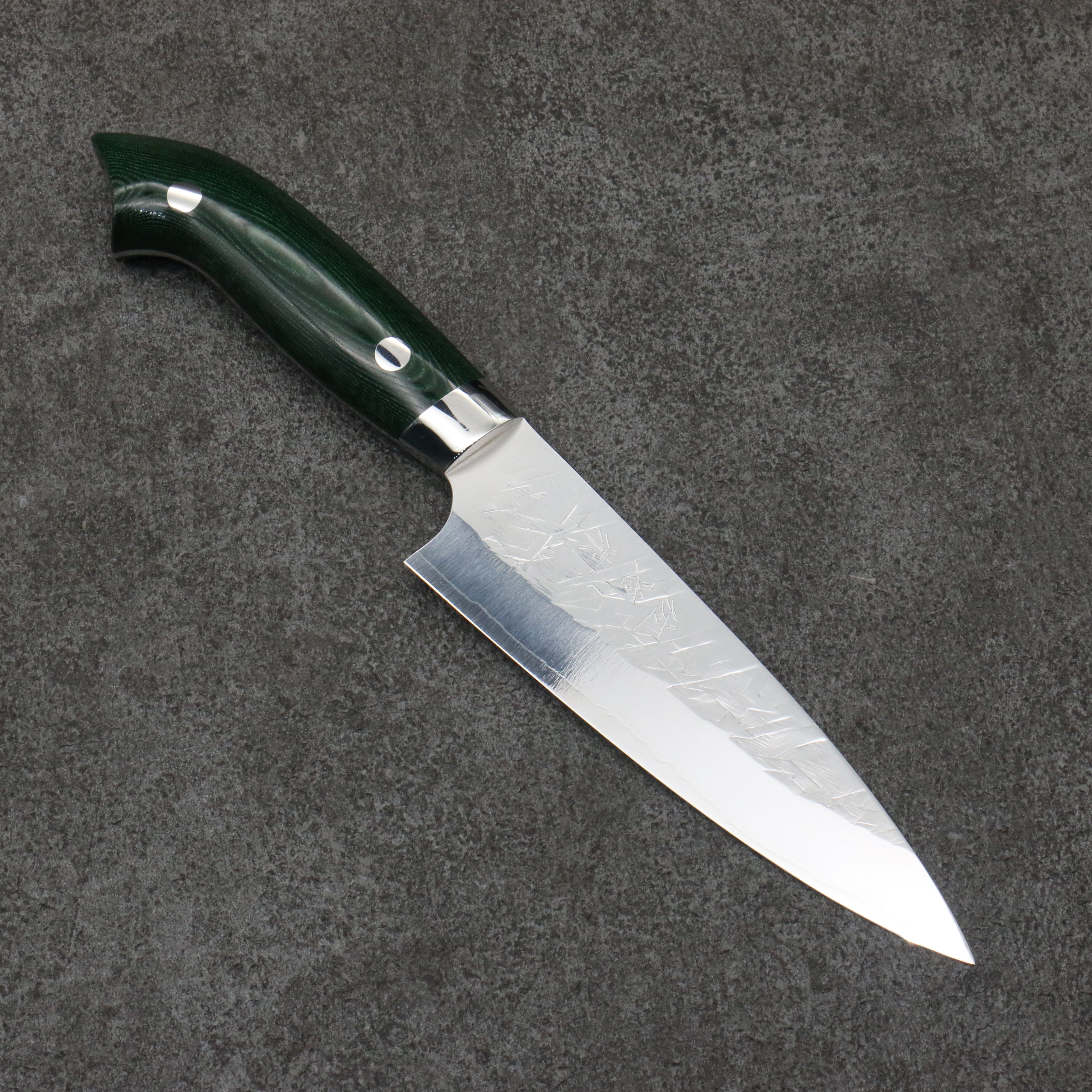 Takeshi Saji New Nomura Style SRS13 Hammered Petty-Utility 130mm Green Micarta Handle - Seisuke Knife