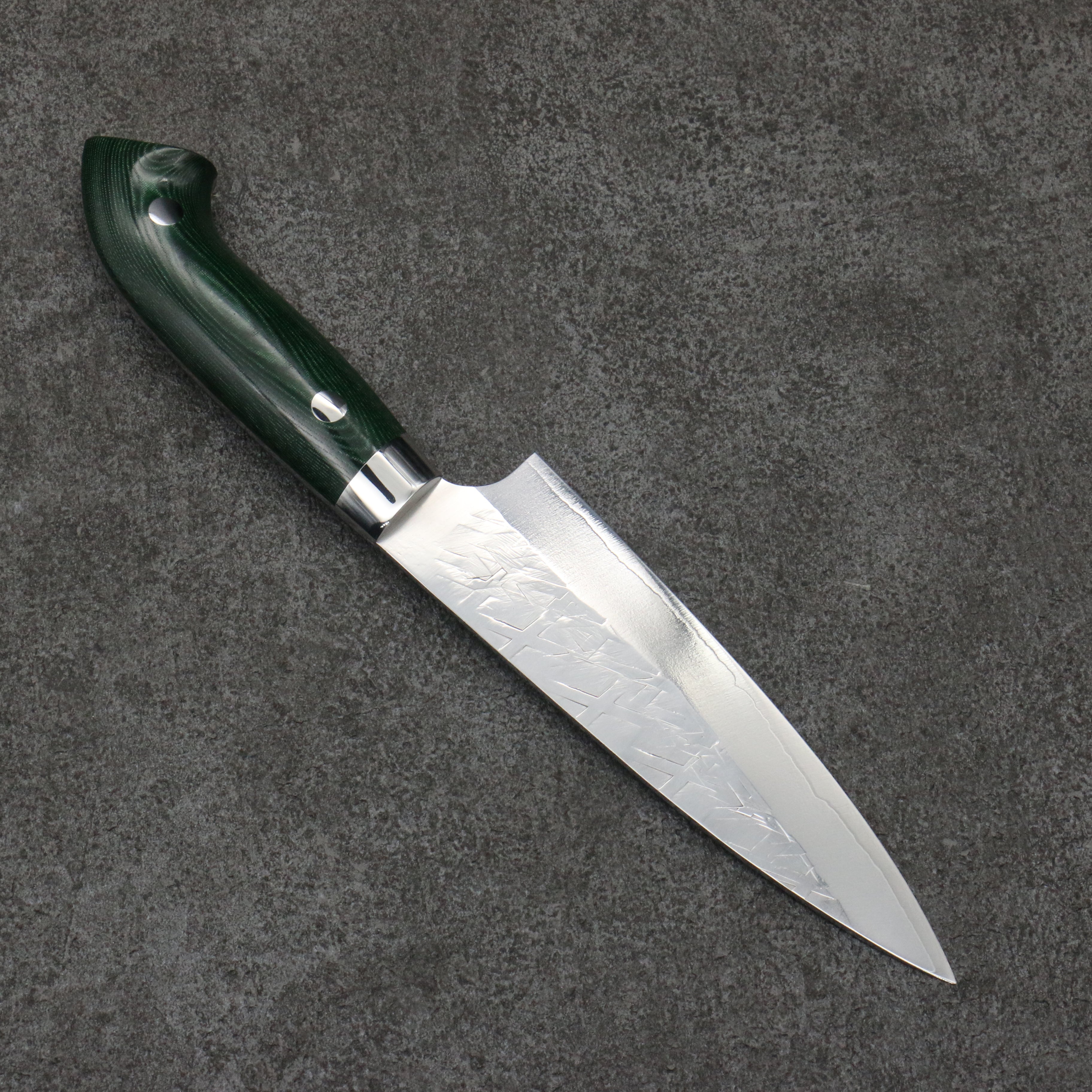 Takeshi Saji New Nomura Style SRS13 Hammered Petty-Utility 130mm Green Micarta Handle - Seisuke Knife