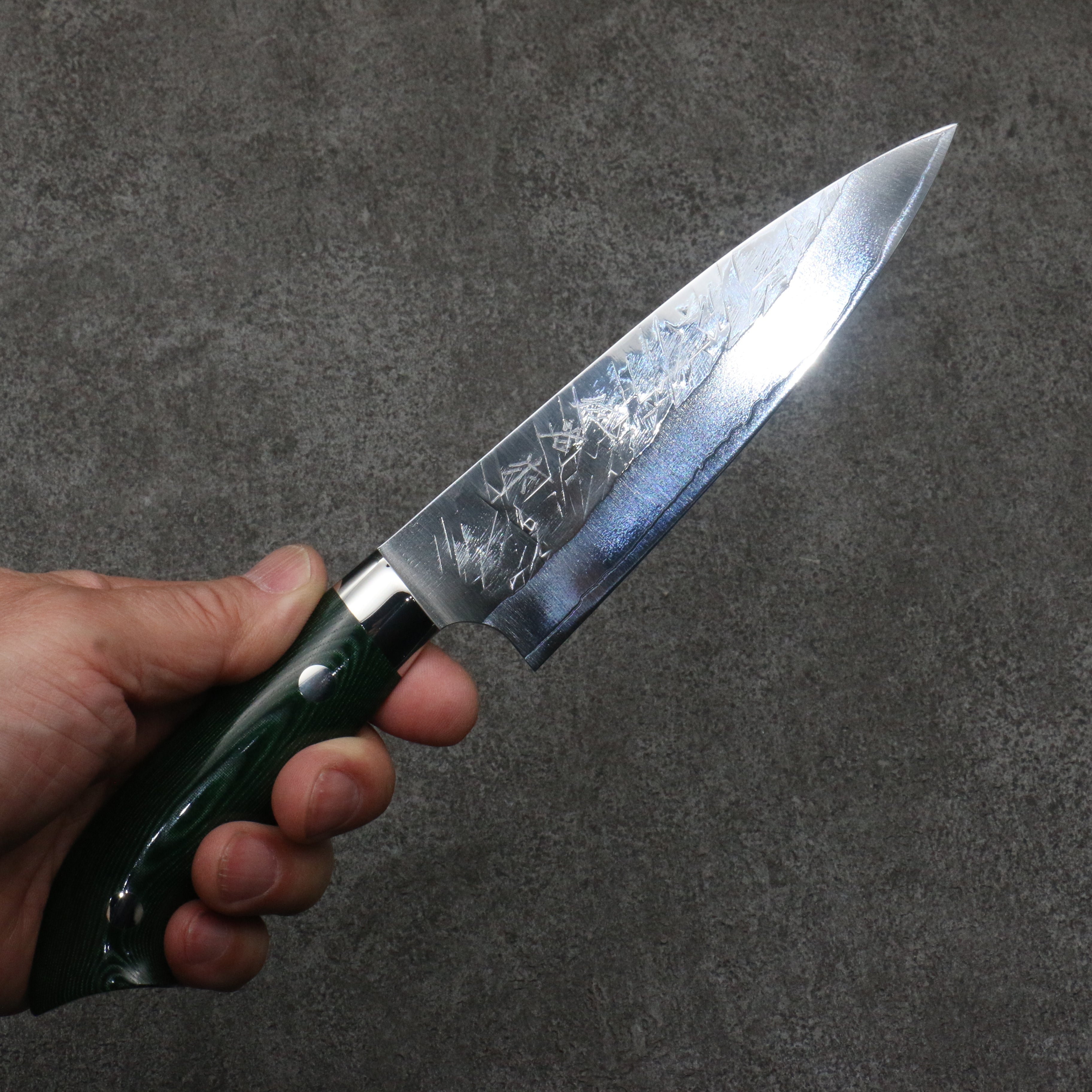 Takeshi Saji New Nomura Style SRS13 Hammered Petty-Utility 130mm Green Micarta Handle - Seisuke Knife