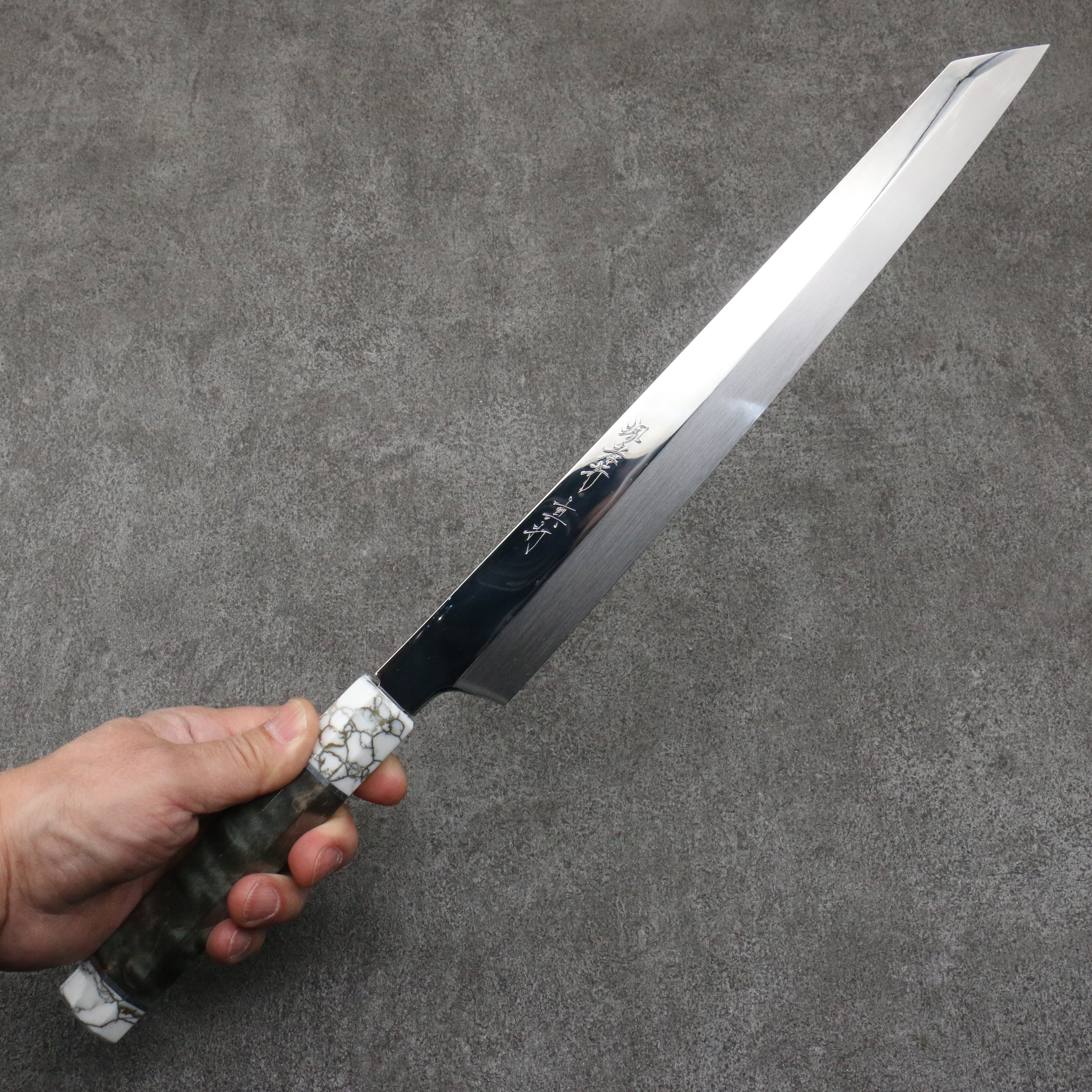 Sakai Takayuki Hien White Steel No.2 Honyaki Kiritsuke Yanagiba 300mm Stabilized wood (White Ferrule and End Cap) Handle with Sheath - Seisuke Knife