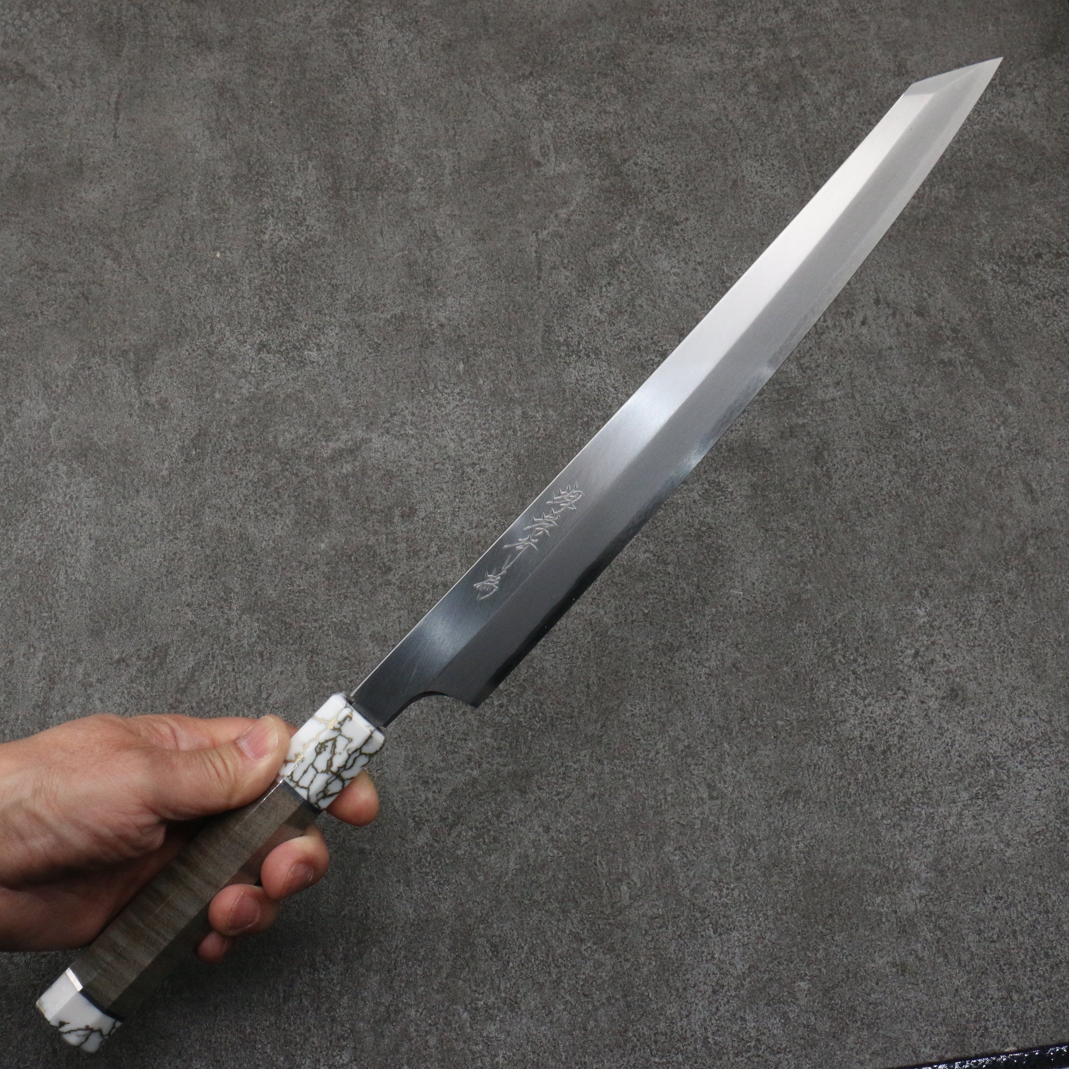 Sakai Takayuki Chef Series Hien Silver Steel No.3 Kiritsuke Yanagiba 300mm Stabilized wood (White Ferrule and End Cap) Handle with Sheath - Seisuke Knife