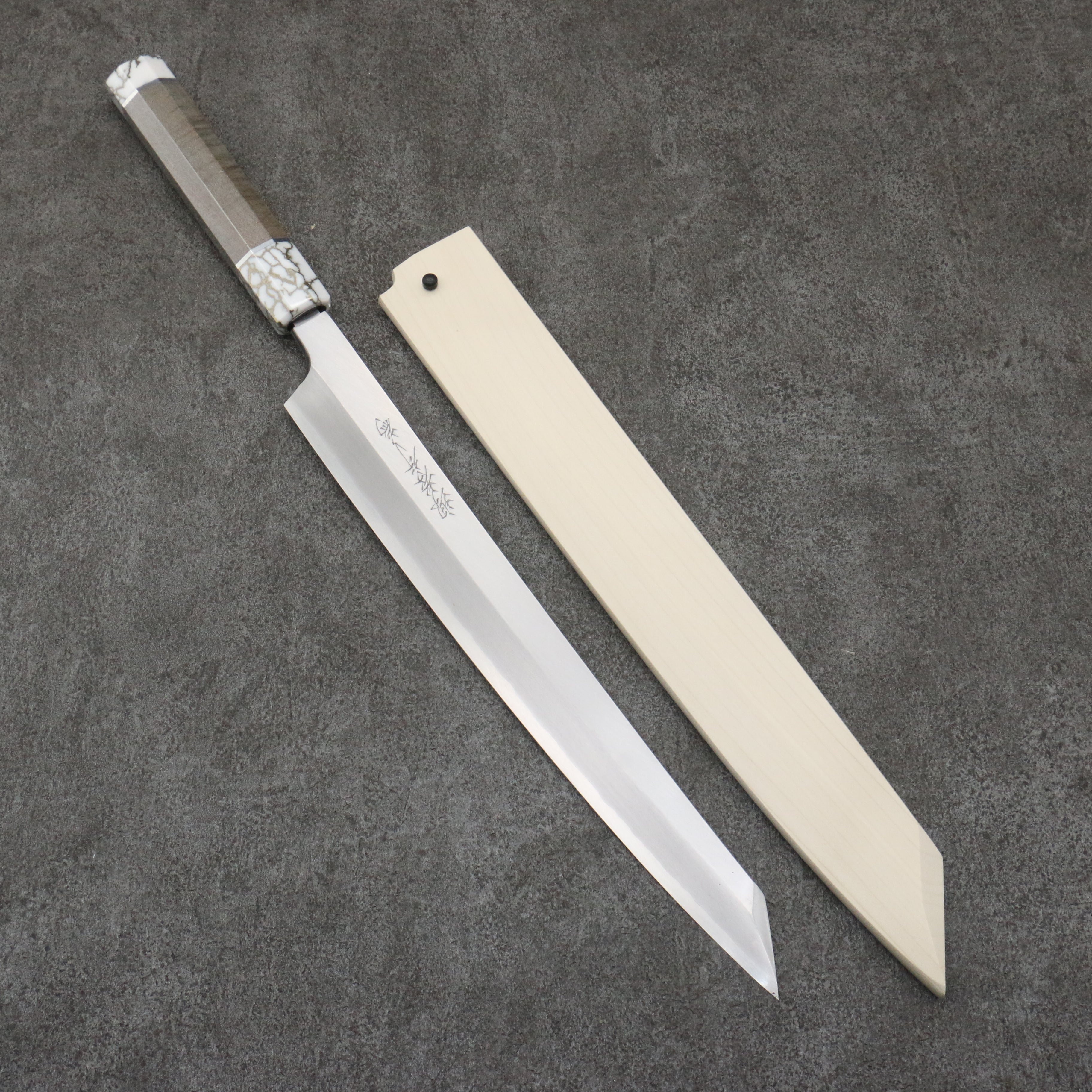 Sakai Takayuki Chef Series Hien Silver Steel No.3 Kiritsuke Yanagiba 300mm Stabilized wood (White Ferrule and End Cap) Handle with Sheath - Seisuke Knife