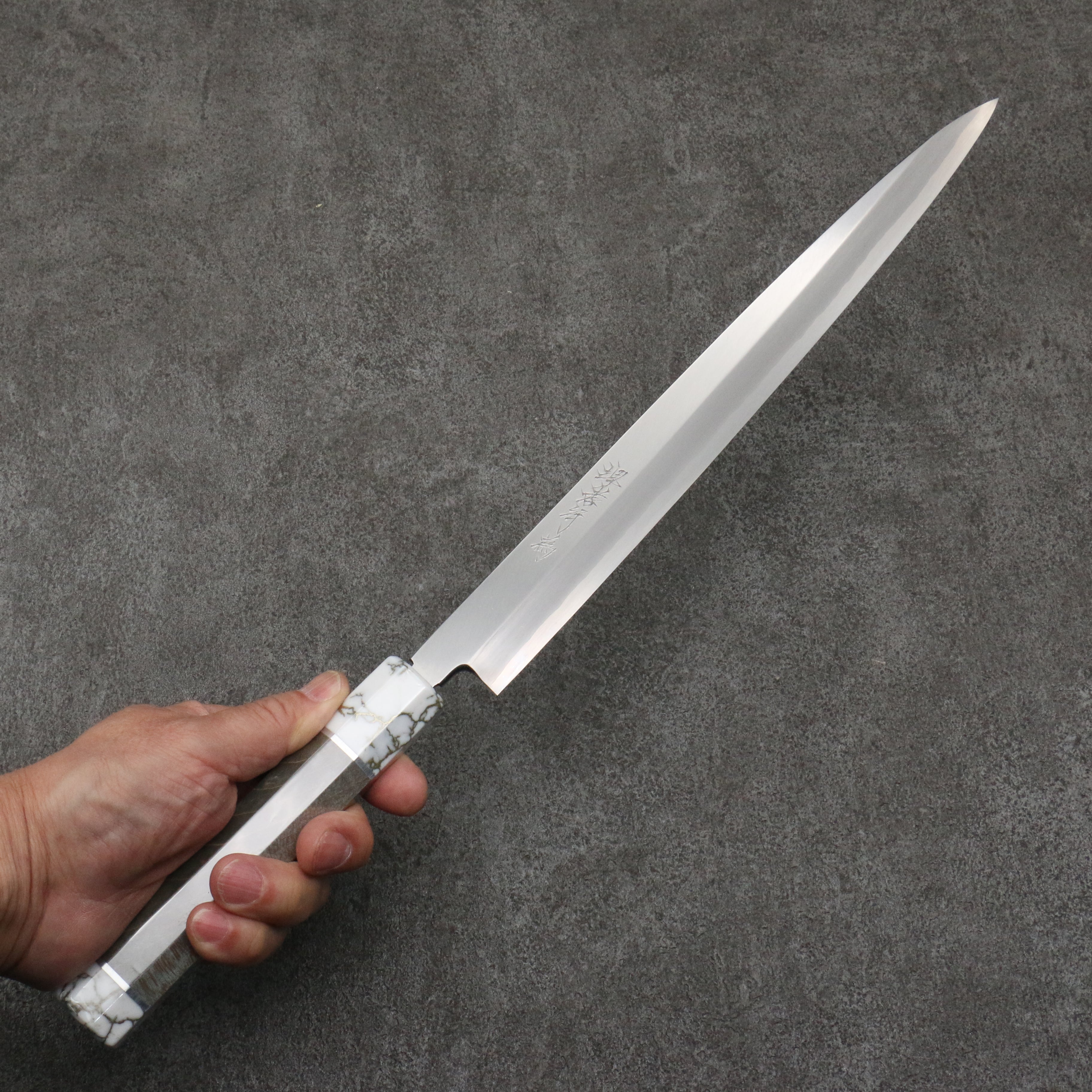 Sakai Takayuki Chef Series Silver Steel No.3 Fuguhiki 300mm Stabilized wood (White Ferrule and End Cap) Handle with Sheath - Seisuke Knife