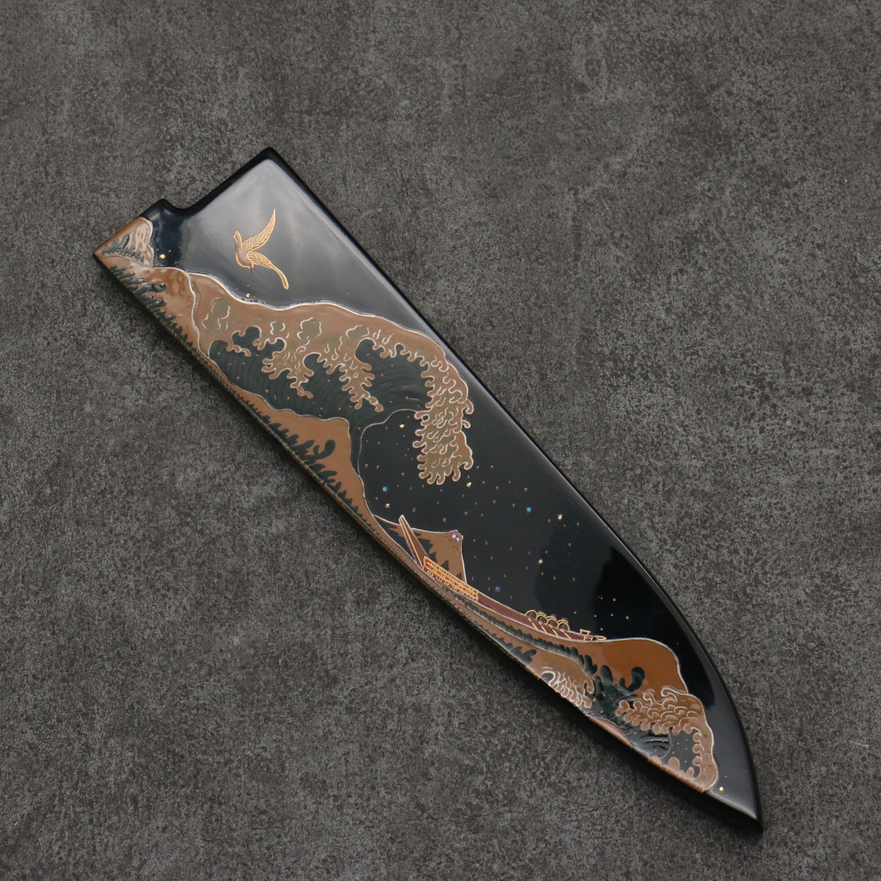 Takeshi Saji Maki-e Art Fuji and Waves Sheath Blue Steel No.2 Colored Damascus Gyuto 210mm Maki-e Art Handle with Sheath - Seisuke Knife