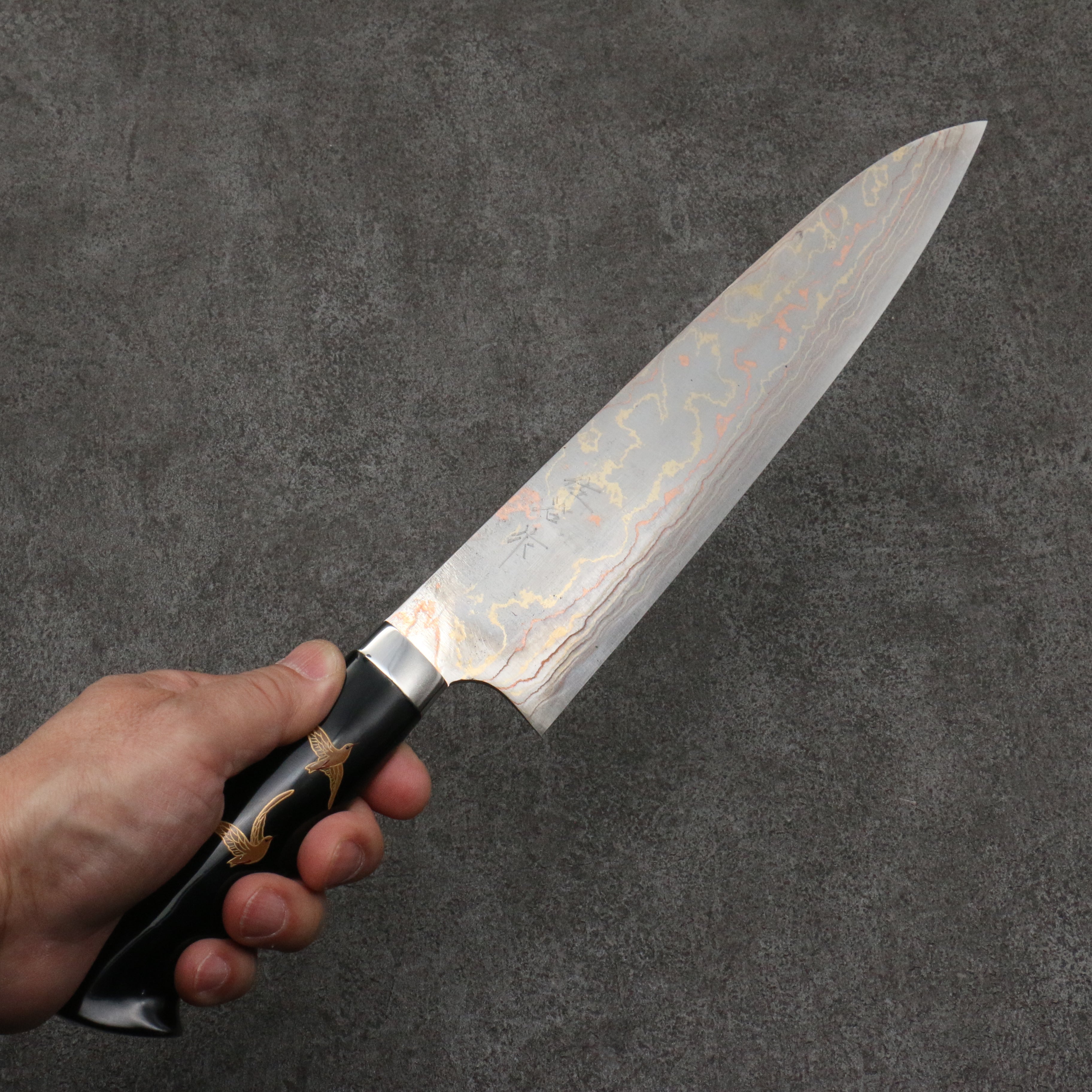 Takeshi Saji Maki-e Art Fuji and Waves Sheath Blue Steel No.2 Colored Damascus Gyuto 240mm Maki-e Art Handle with Sheath - Seisuke Knife