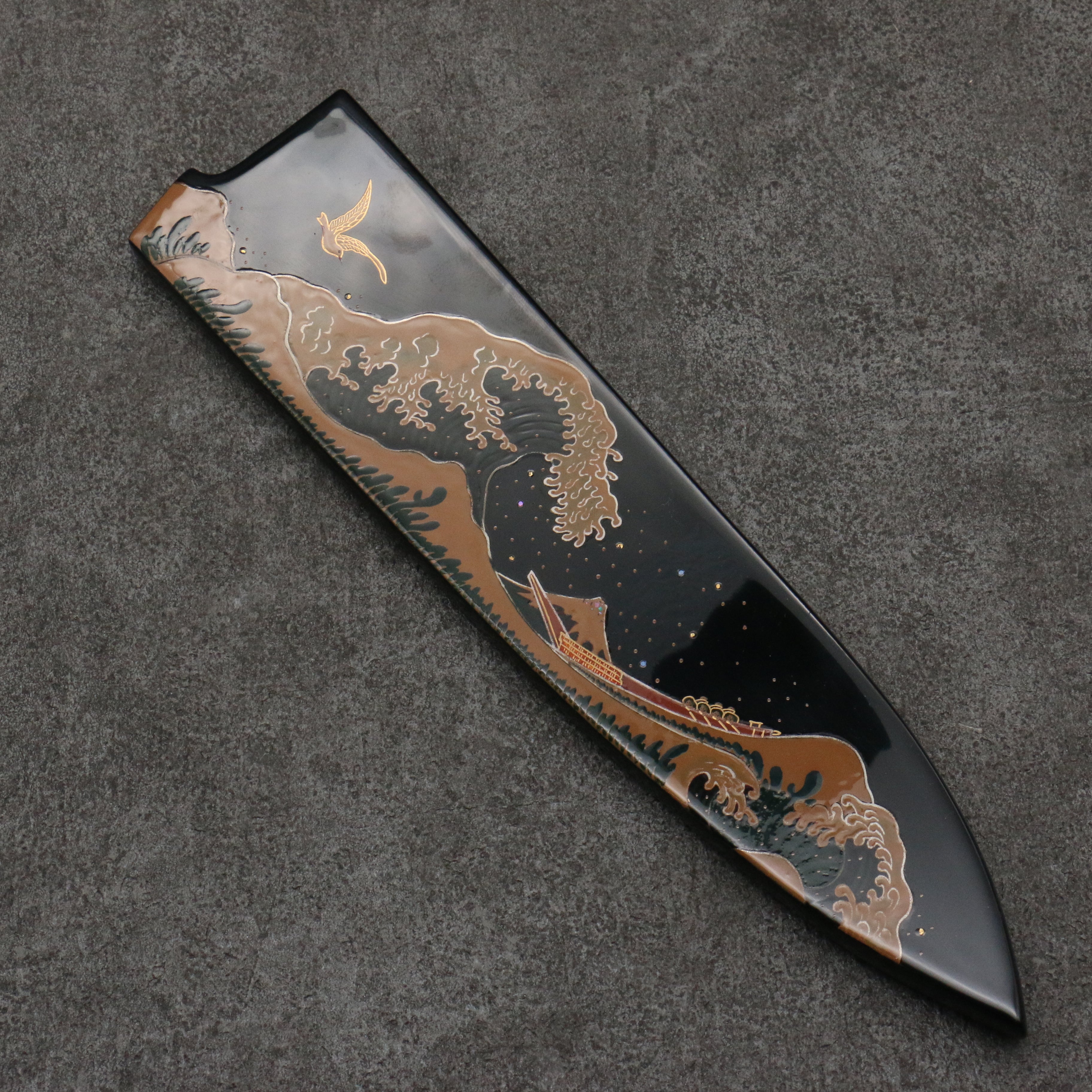 Takeshi Saji Maki-e Art Fuji and Waves Sheath Blue Steel No.2 Colored Damascus Gyuto 240mm Maki-e Art Handle with Sheath - Seisuke Knife