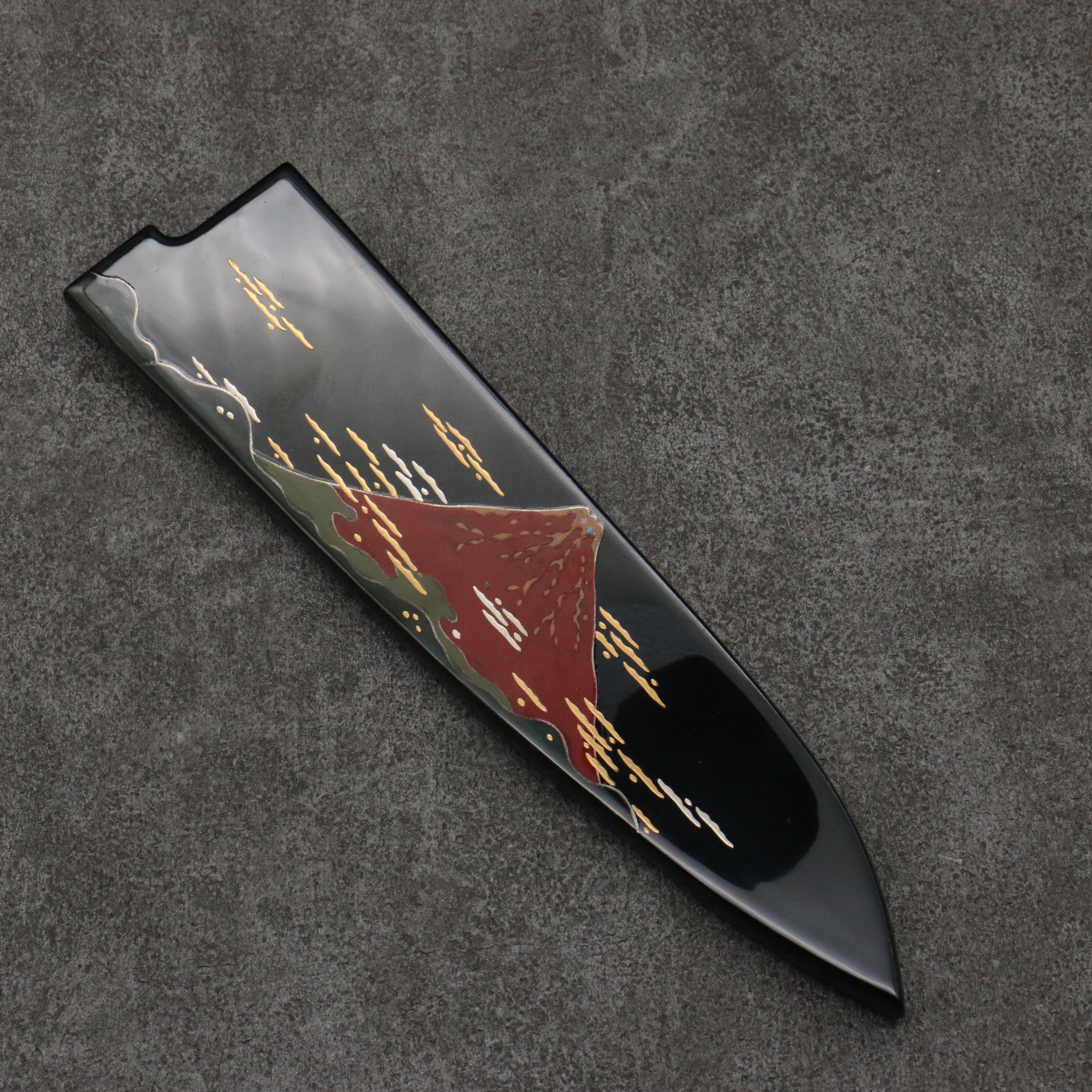 Takeshi Saji Maki-e Art Red Fuji Sheath SG2 Damascus Gyuto 210mm Maki-e Art Handle with Sheath - Seisuke Knife
