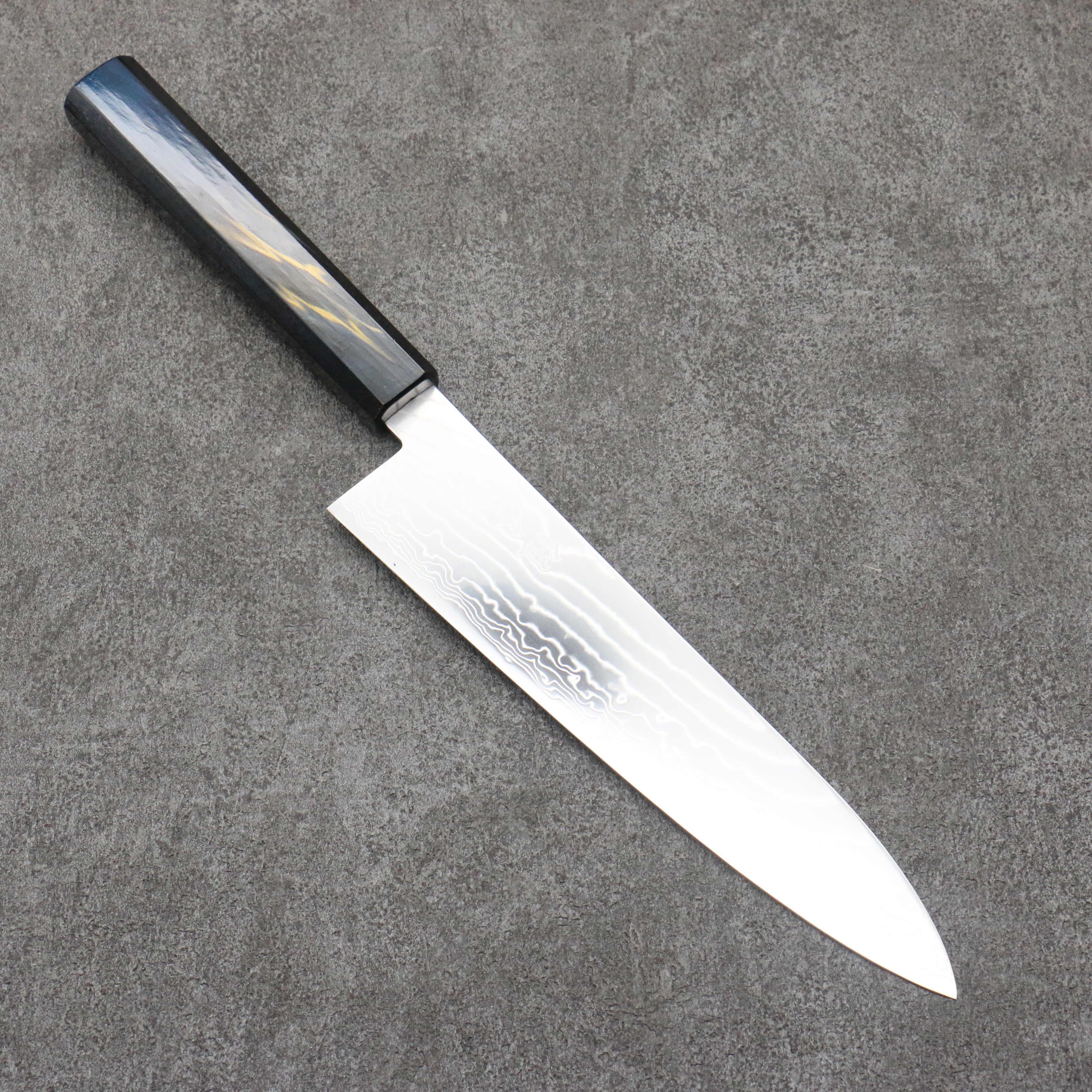 Kajin Cobalt Special Steel Damascus Gyuto 210mm Dark Blue and Gold Lacquered Handle - Seisuke Knife