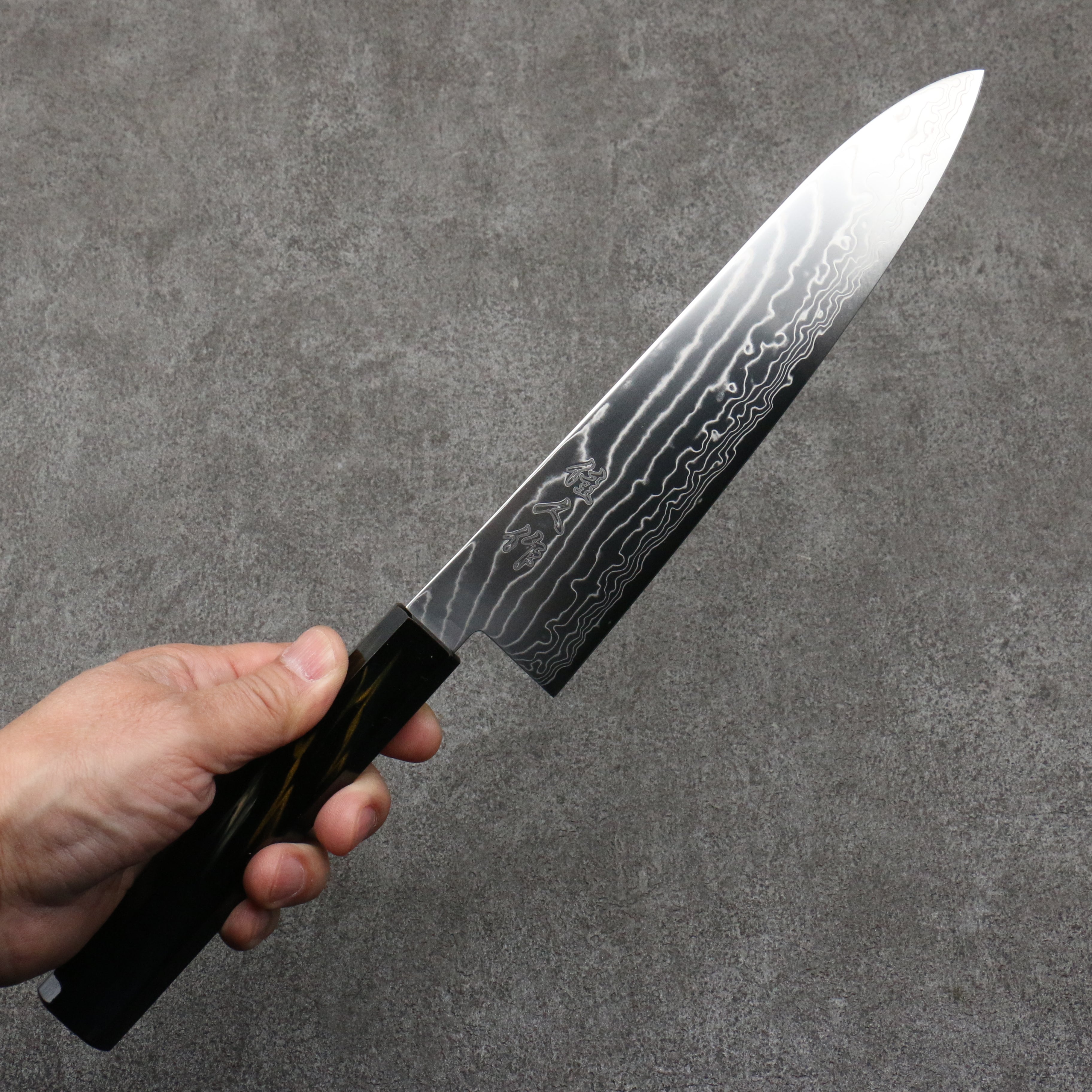 Kajin Cobalt Special Steel Damascus Gyuto 210mm Dark Blue and Gold Lacquered Handle - Seisuke Knife