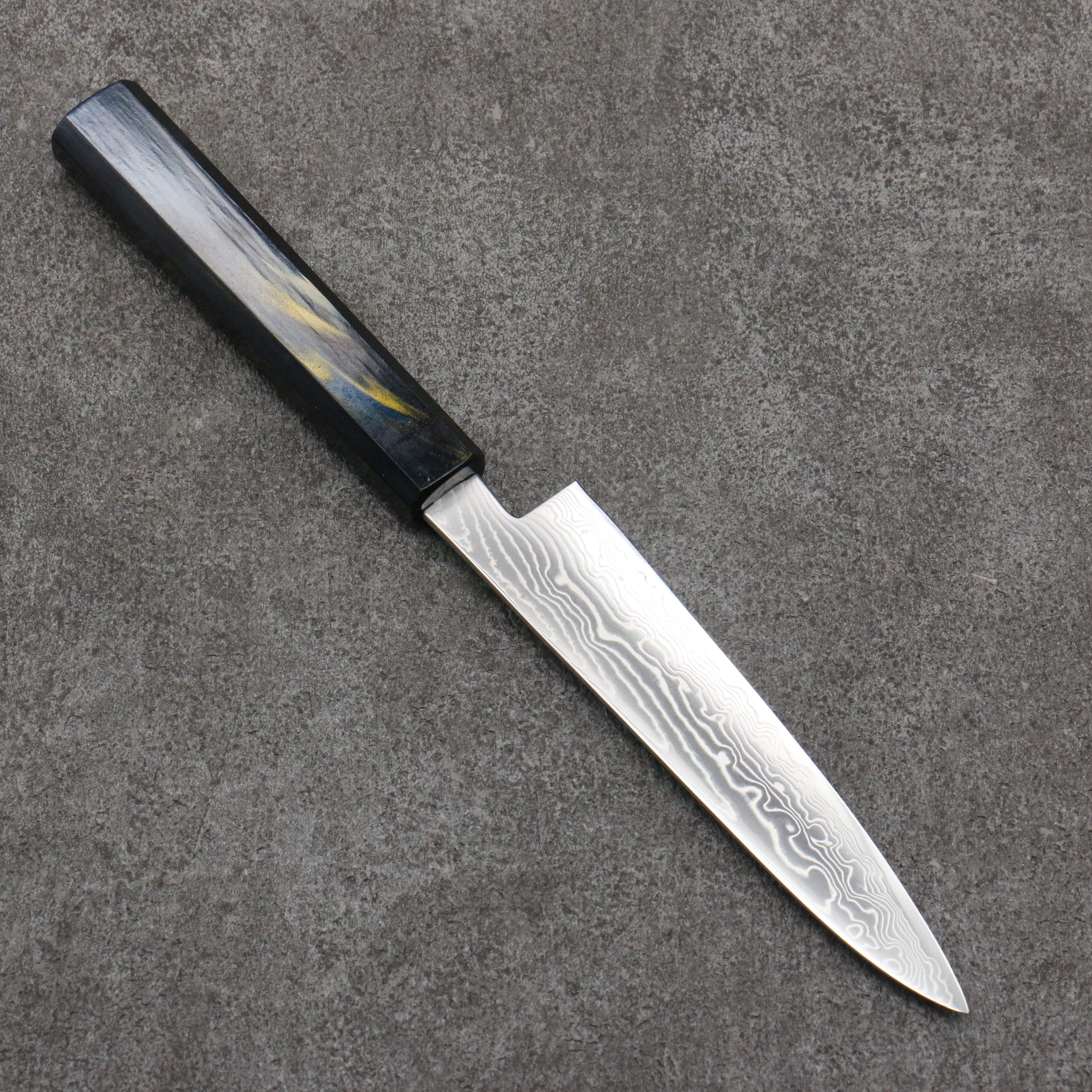 Kajin Cobalt Special Steel Damascus Petty-Utility 135mm Dark Blue and Gold with Fuji Lacquered Handle - Seisuke Knife