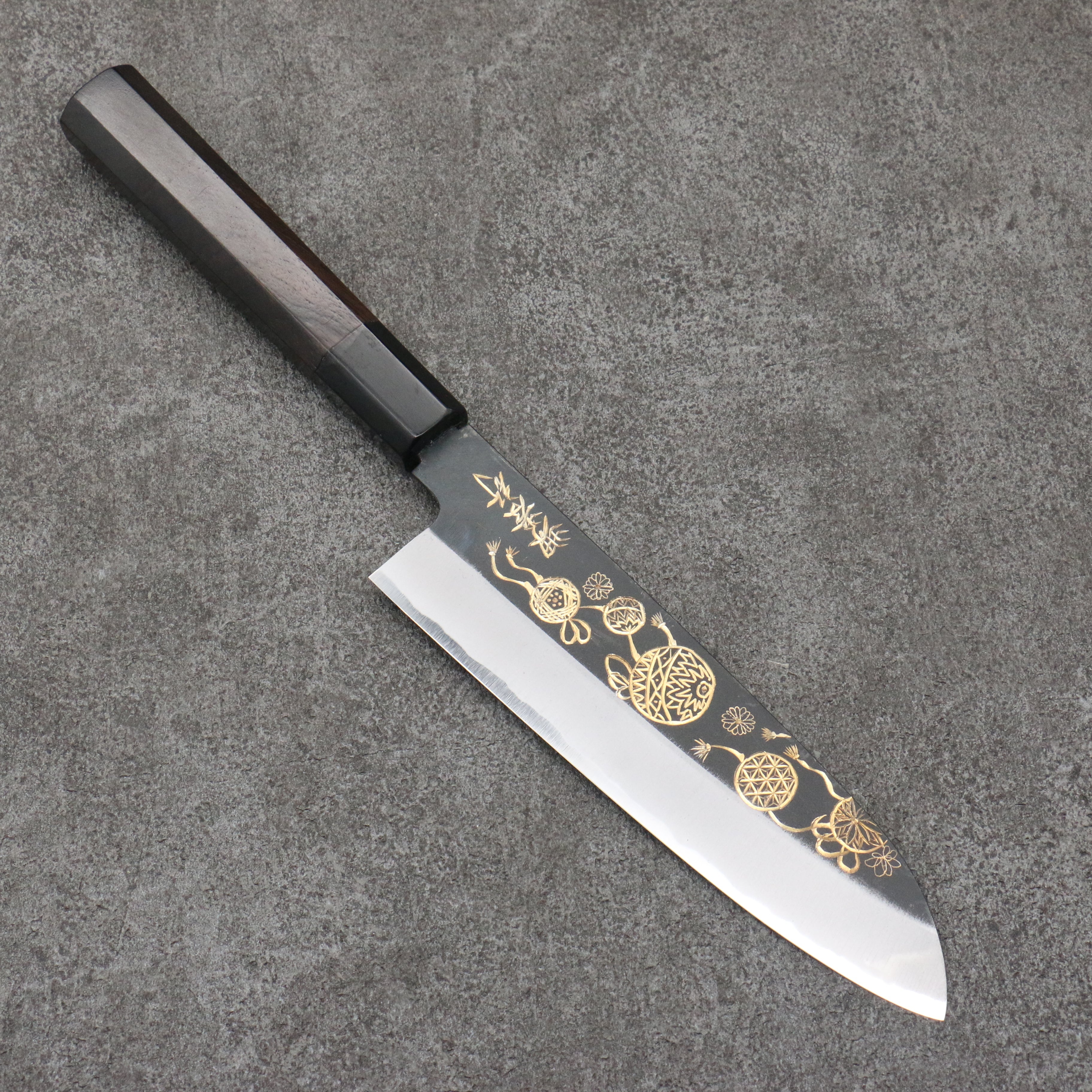 Sakai Takayuki Gold Filled Engraving by Kubota Temari White Steel No.2 Black Finished Santoku 180mm Ebony Wood Handle - Seisuke Knife