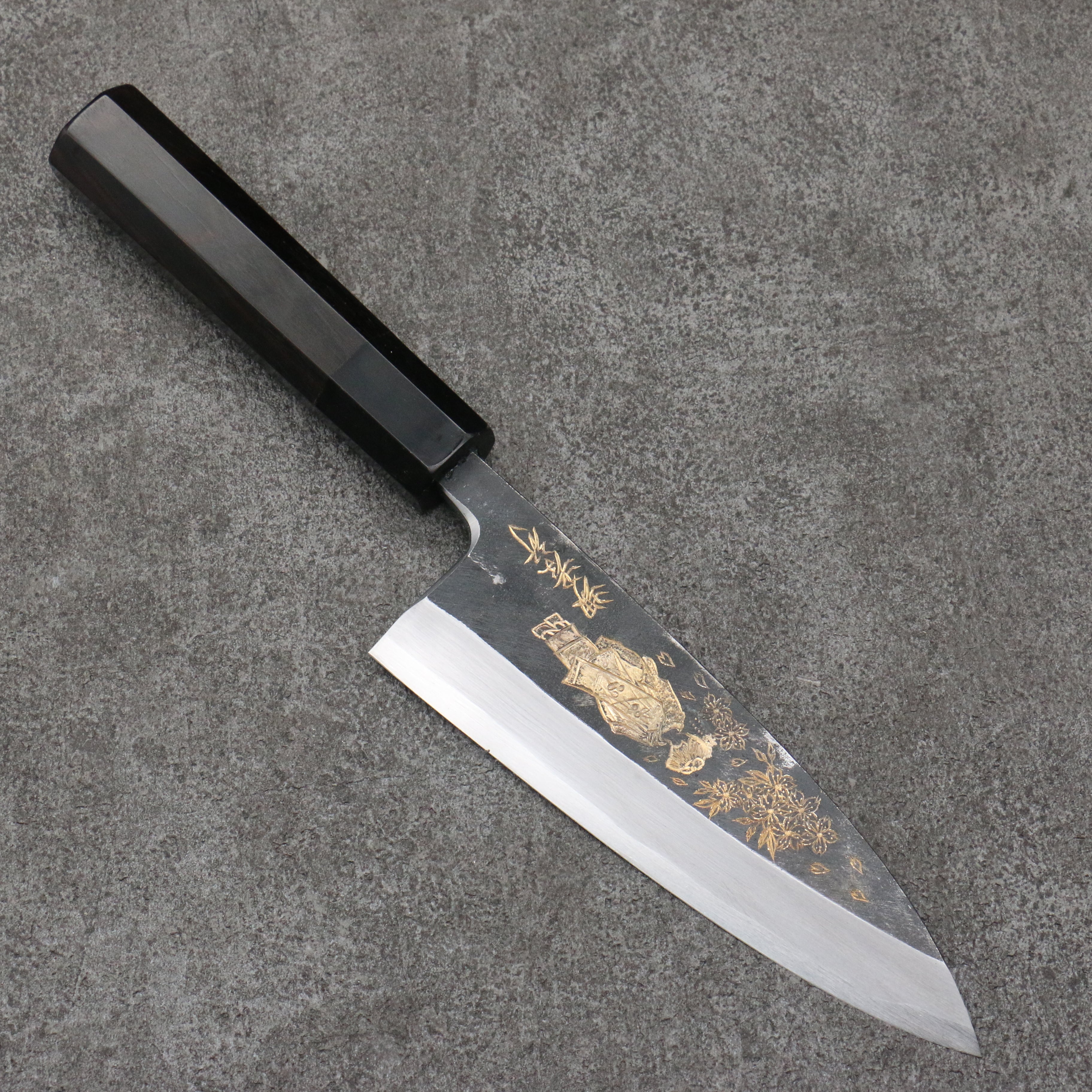 Sakai Takayuki Gold Filled Engraving by Kubota Maiko and Sakura White Steel No.2 Black Finished Deba 150mm Ebony Wood Handle - Seisuke Knife