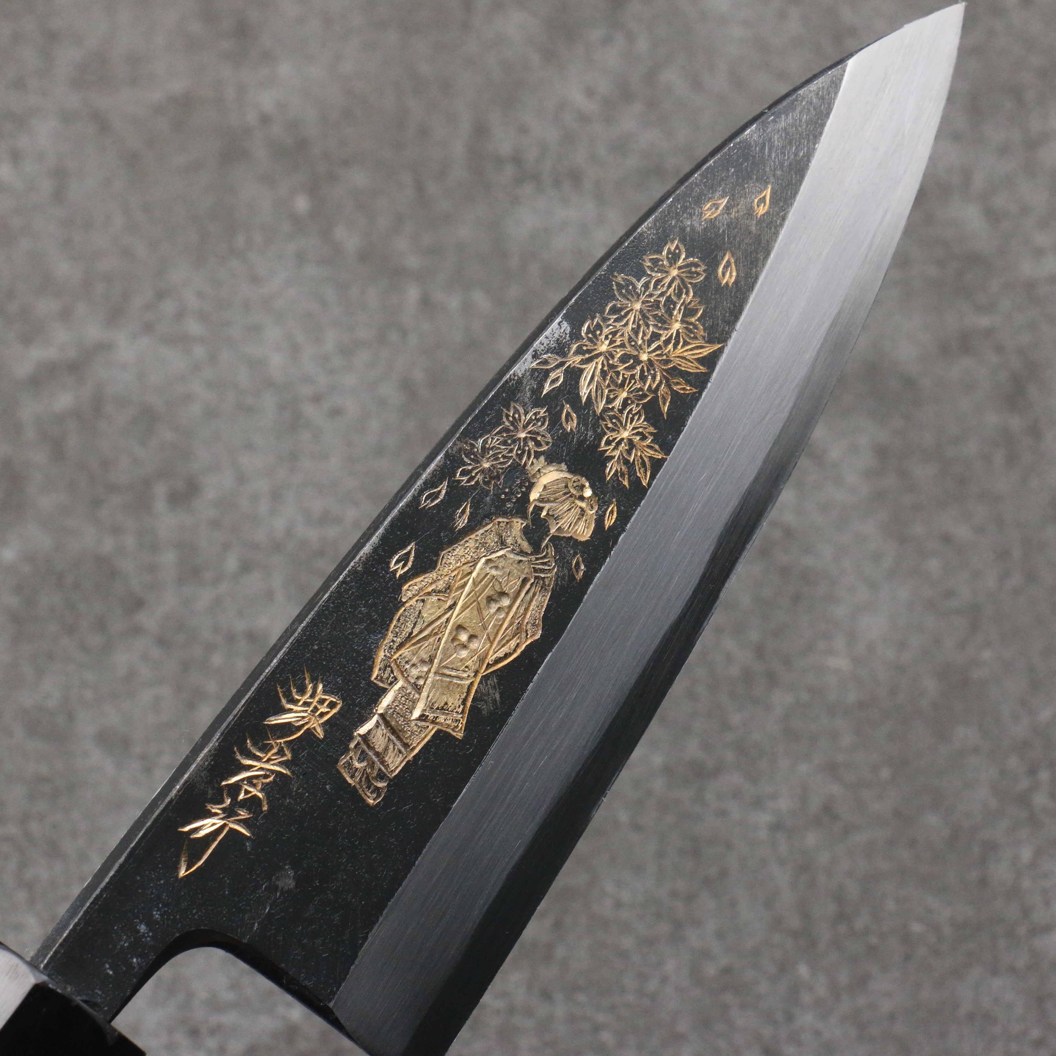 Sakai Takayuki Gold Filled Engraving by Kubota Maiko and Sakura White Steel No.2 Black Finished Deba 150mm Ebony Wood Handle - Seisuke Knife