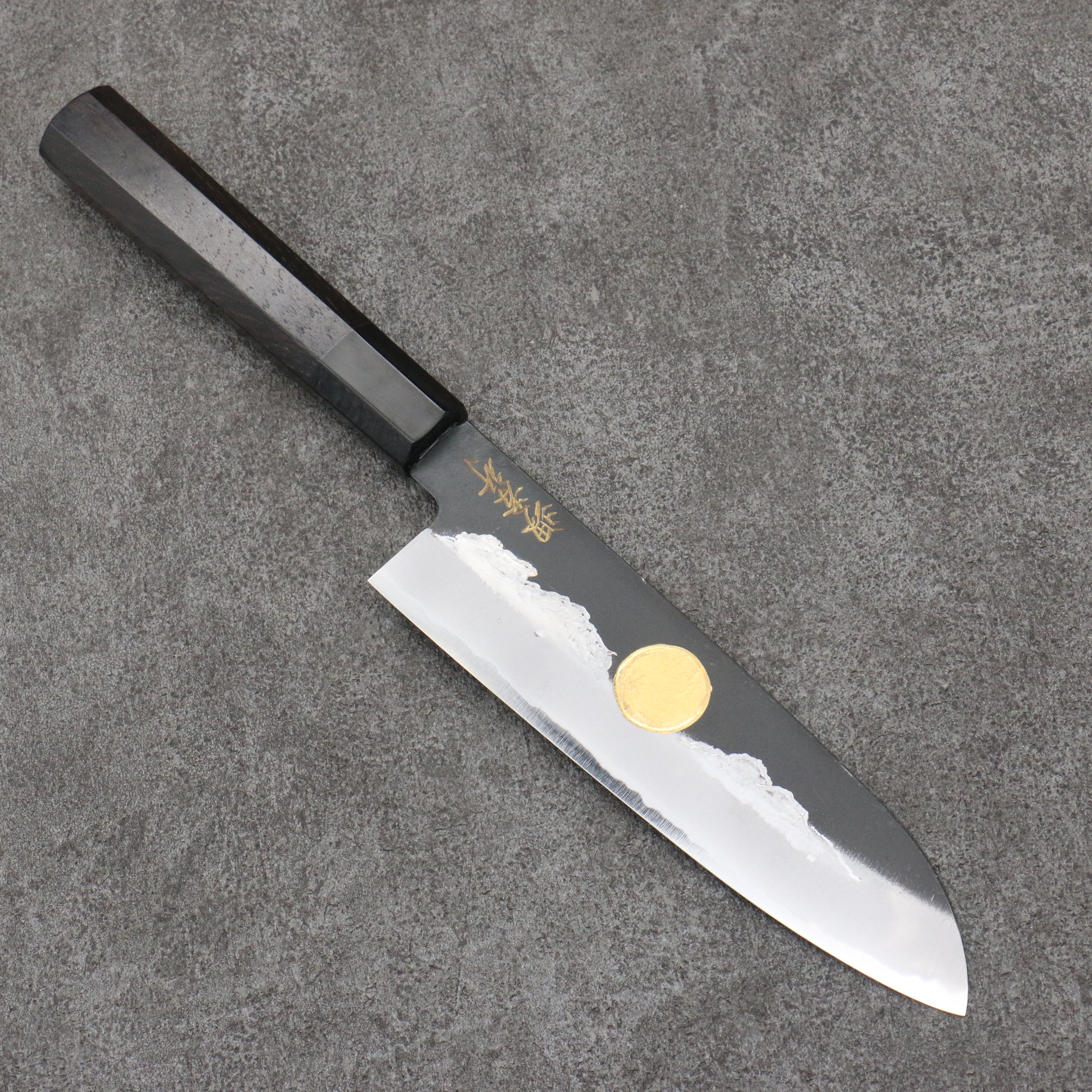 Sakai Takayuki Gold Filled Engraving by Kubota Jyurokuya White Steel No.2 Black Finished Santoku 180mm Ebony Wood Handle - Seisuke Knife