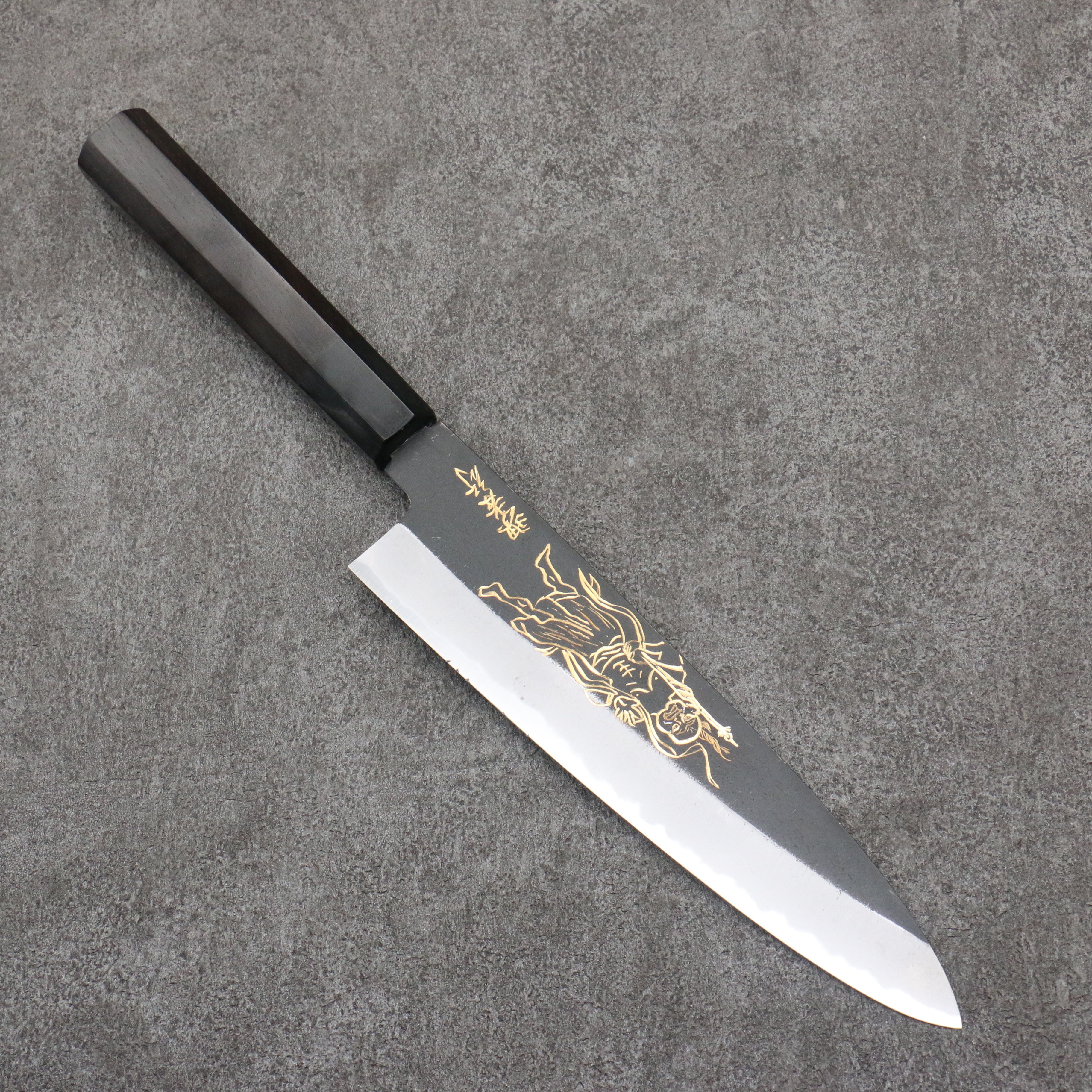 Sakai Takayuki Gold Filled Engraving by Kubota Kongourikishi White Steel No.2 Black Finished Gyuto 210mm Ebony Wood Handle - Seisuke Knife