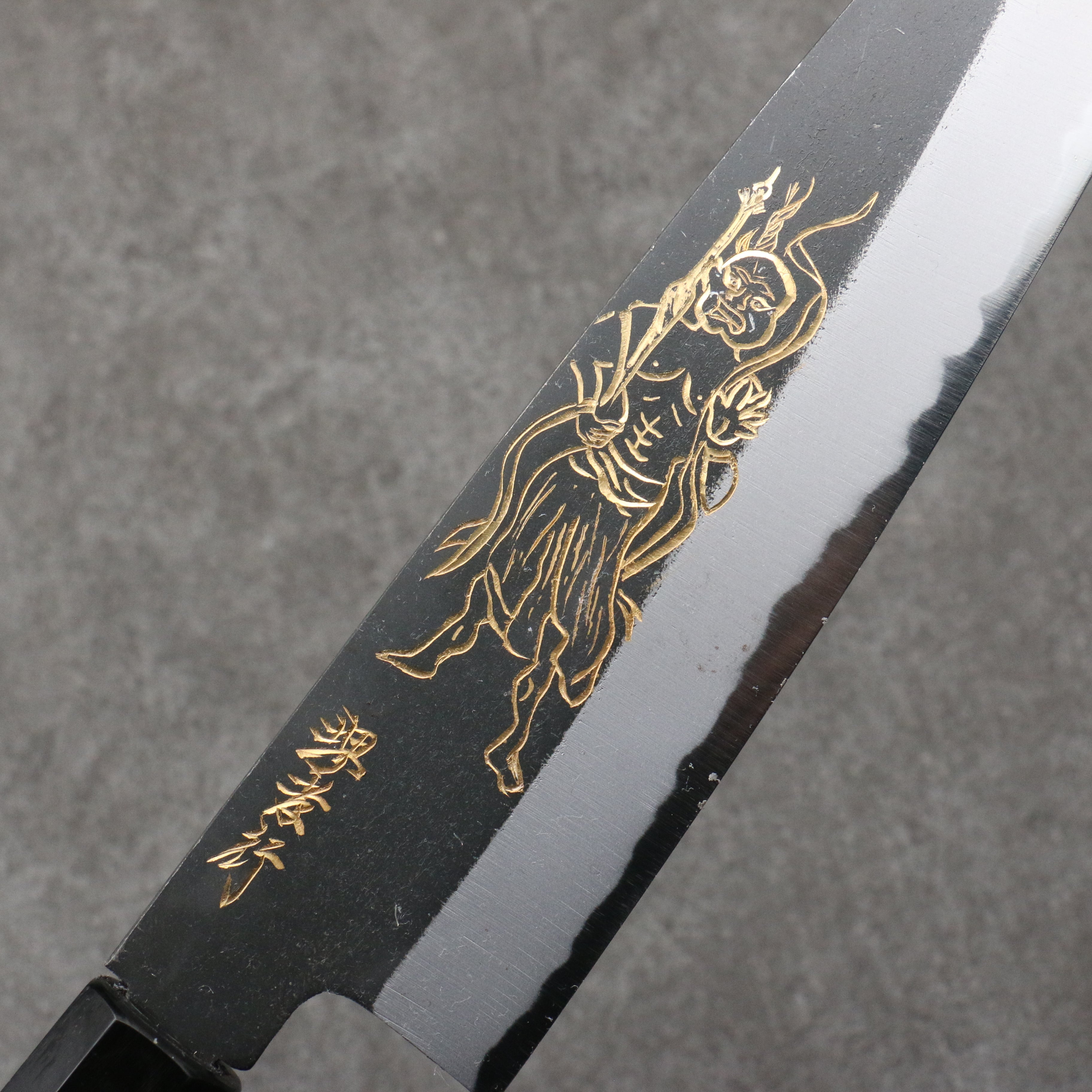 Sakai Takayuki Gold Filled Engraving by Kubota Kongourikishi White Steel No.2 Black Finished Gyuto 210mm Ebony Wood Handle - Seisuke Knife