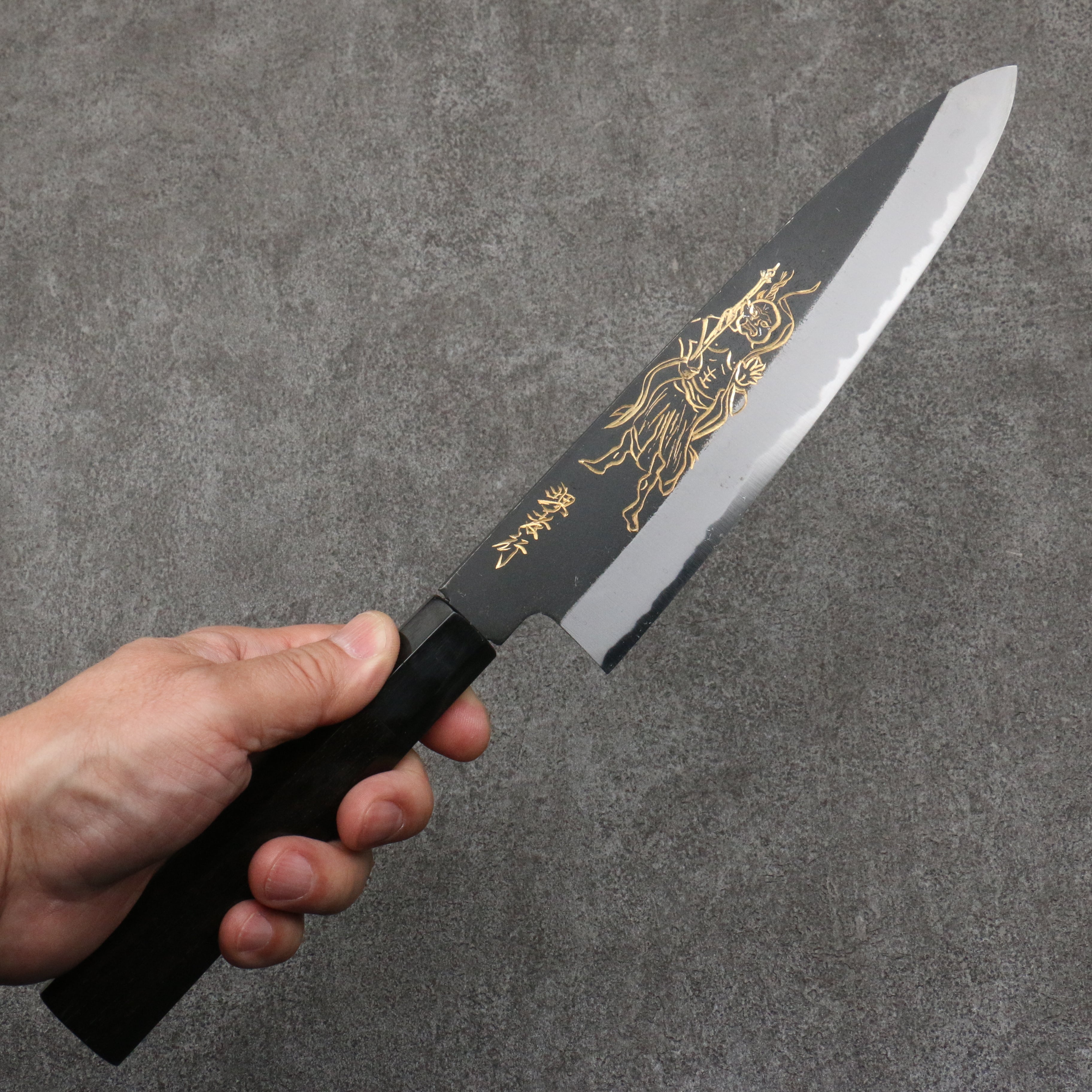 Sakai Takayuki Gold Filled Engraving by Kubota Kongourikishi White Steel No.2 Black Finished Gyuto 210mm Ebony Wood Handle - Seisuke Knife