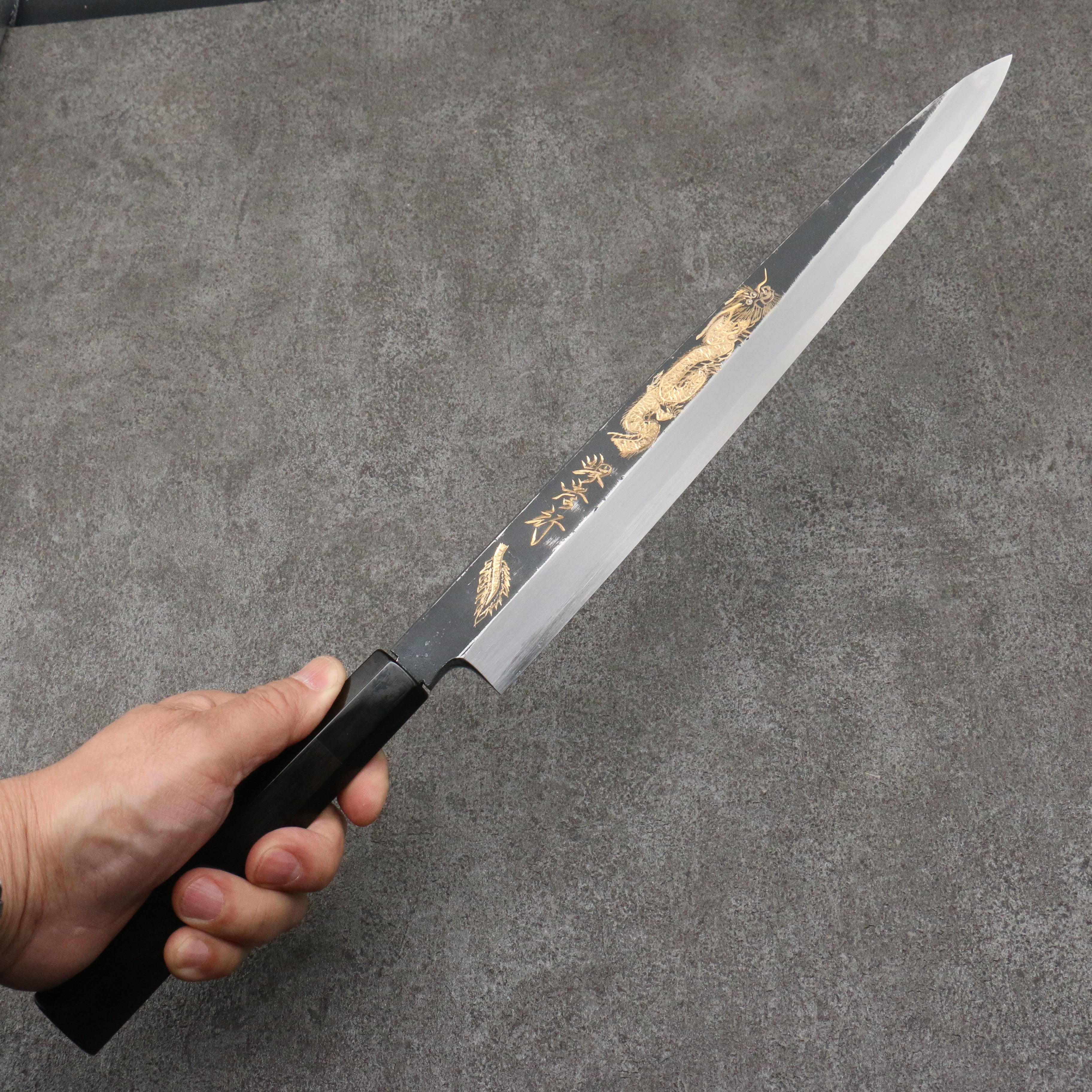 Sakai Takayuki Gold Filled Engraving by Kubota Shouryu White Steel No.2 Black Finished Yanagiba 300mm Ebony Wood Handle - Seisuke Knife