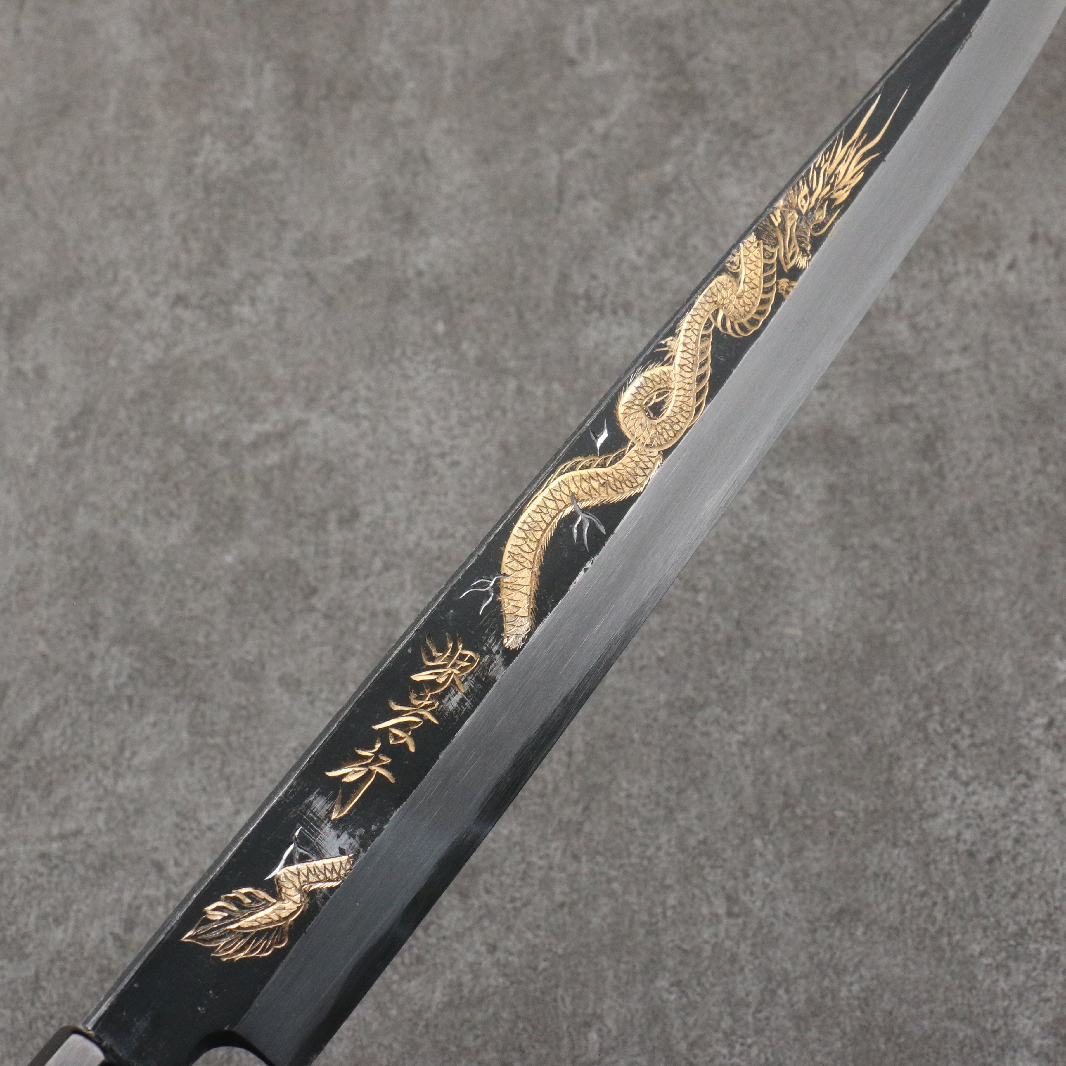 Sakai Takayuki Gold Filled Engraving by Kubota Tenryu White Steel No.2 Black Finished Yanagiba 300mm Ebony Wood Handle - Seisuke Knife