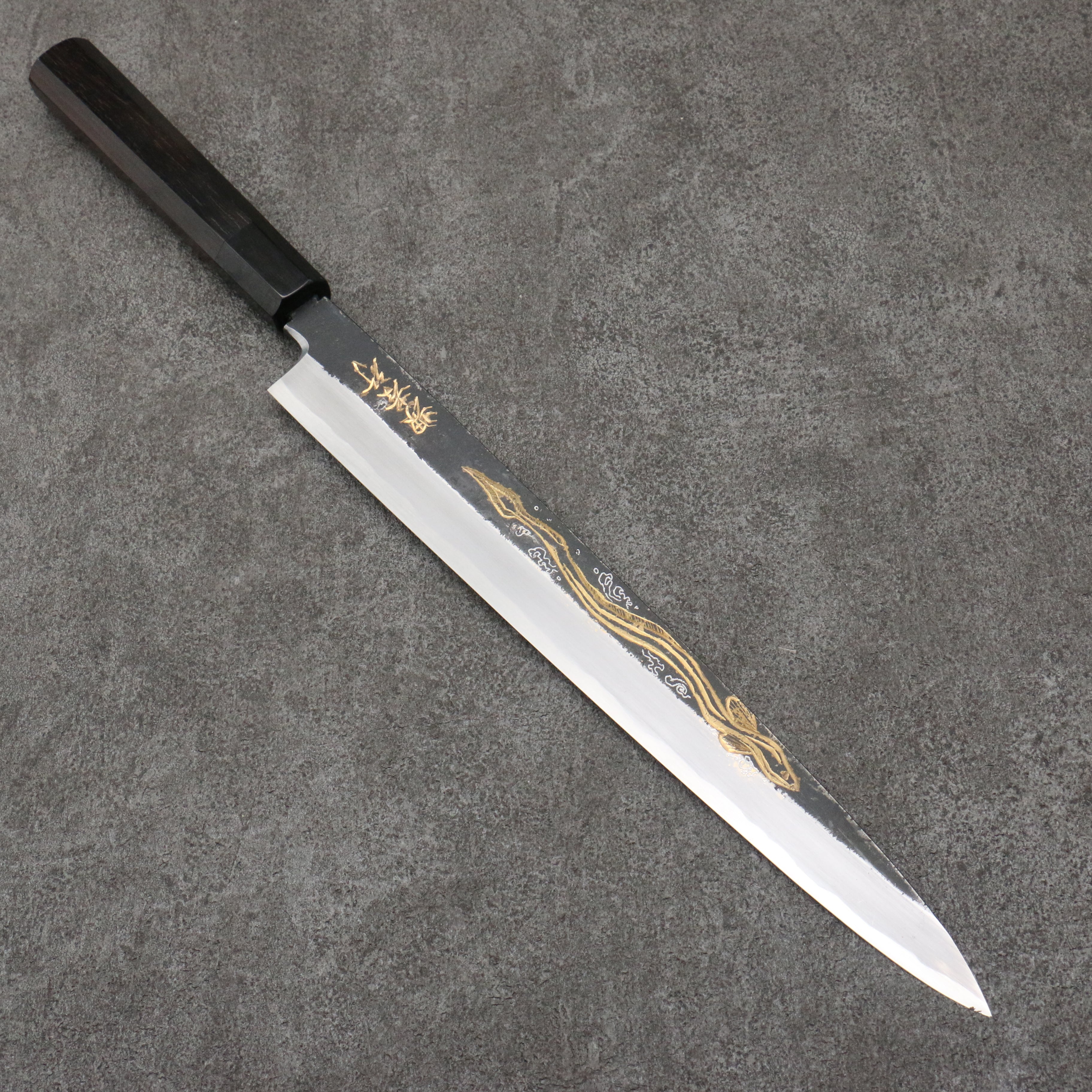 Sakai Takayuki Gold Filled Engraving by Kubota Unagi White Steel No.2 Black Finished Yanagiba 300mm Ebony Wood Handle - Seisuke Knife