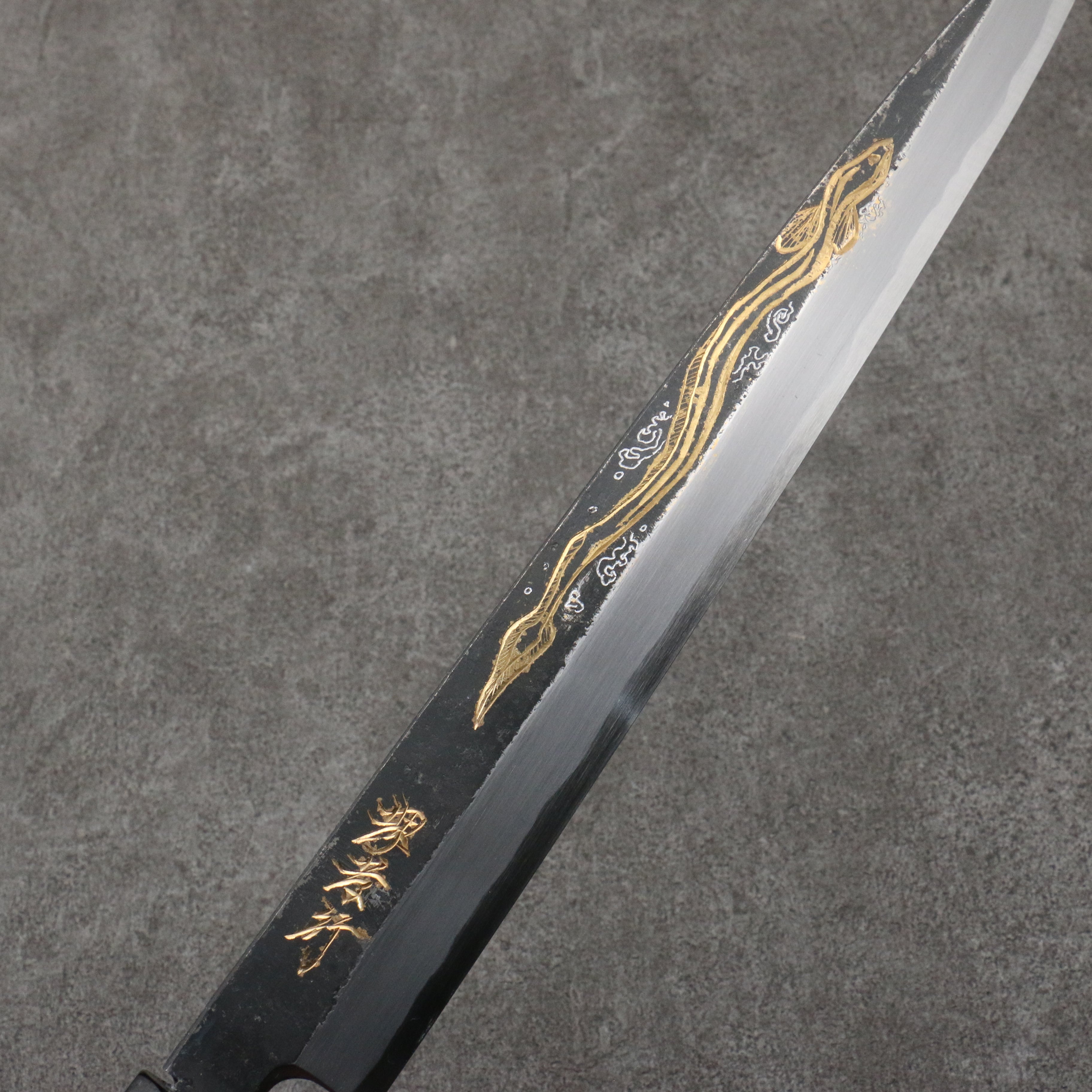 Sakai Takayuki Gold Filled Engraving by Kubota Unagi White Steel No.2 Black Finished Yanagiba 300mm Ebony Wood Handle - Seisuke Knife