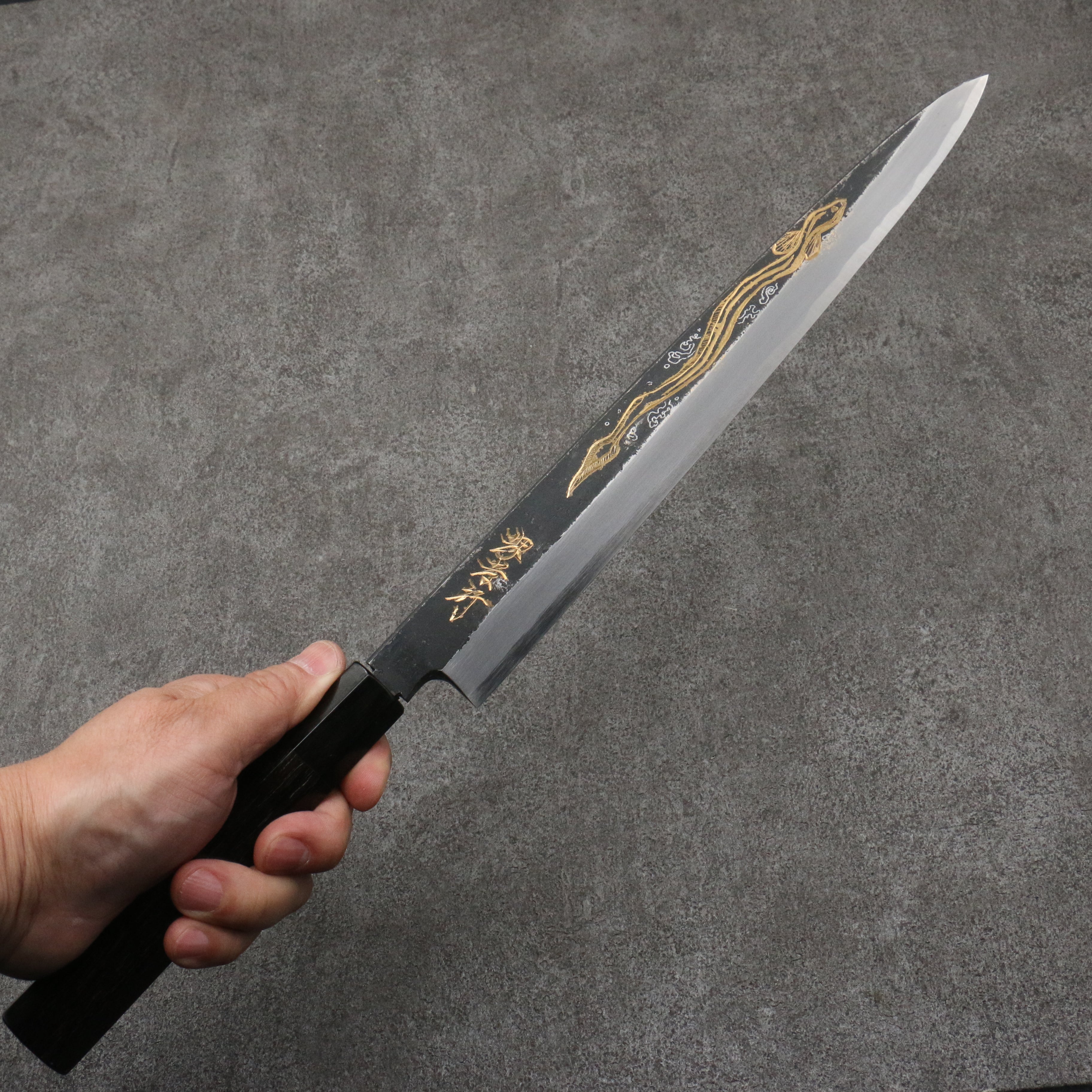 Sakai Takayuki Gold Filled Engraving by Kubota Unagi White Steel No.2 Black Finished Yanagiba 300mm Ebony Wood Handle - Seisuke Knife