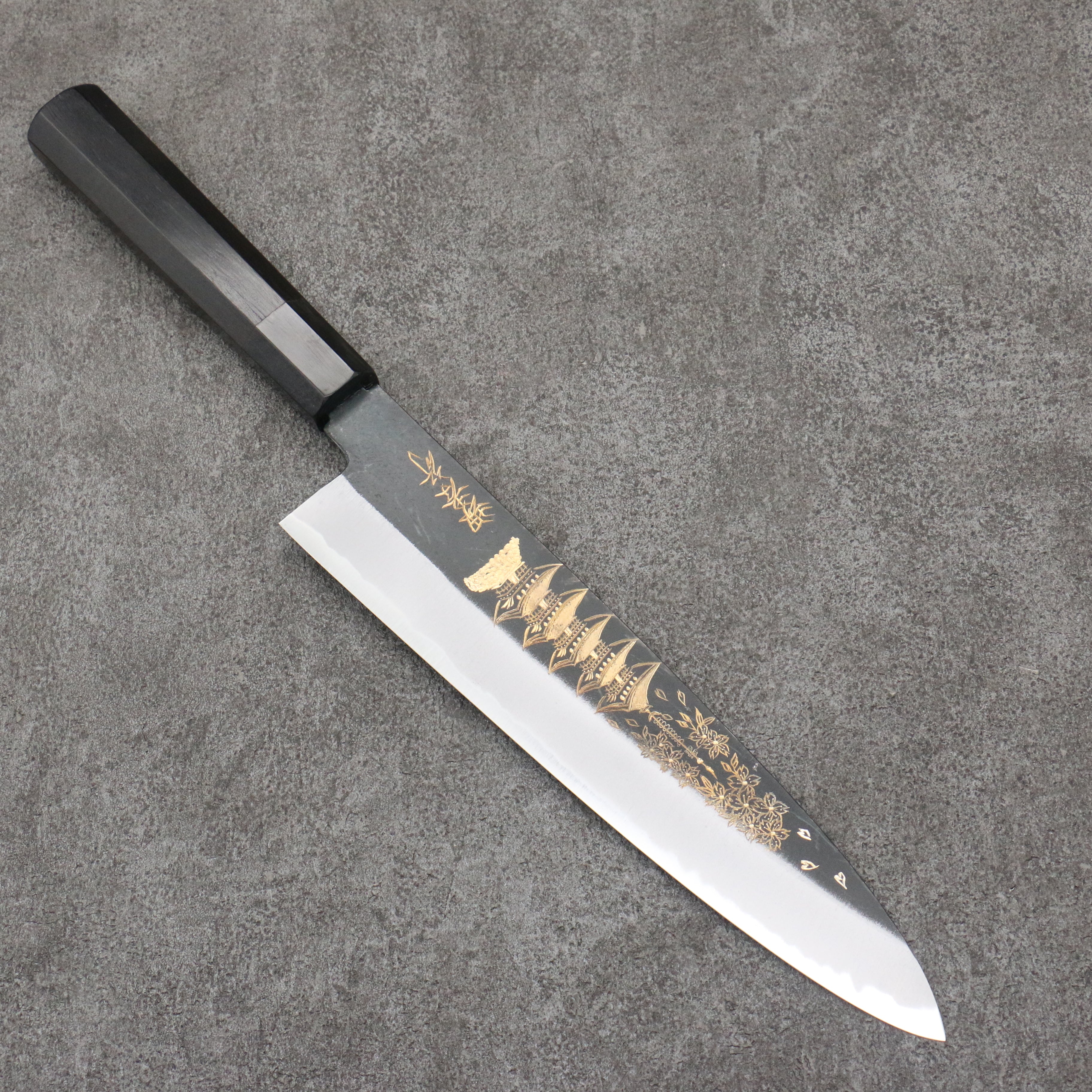Sakai Takayuki Gold Filled Engraving by Kubota Gojunotou White Steel No.2 Black Finished Gyuto 240mm Ebony Wood Handle - Seisuke Knife