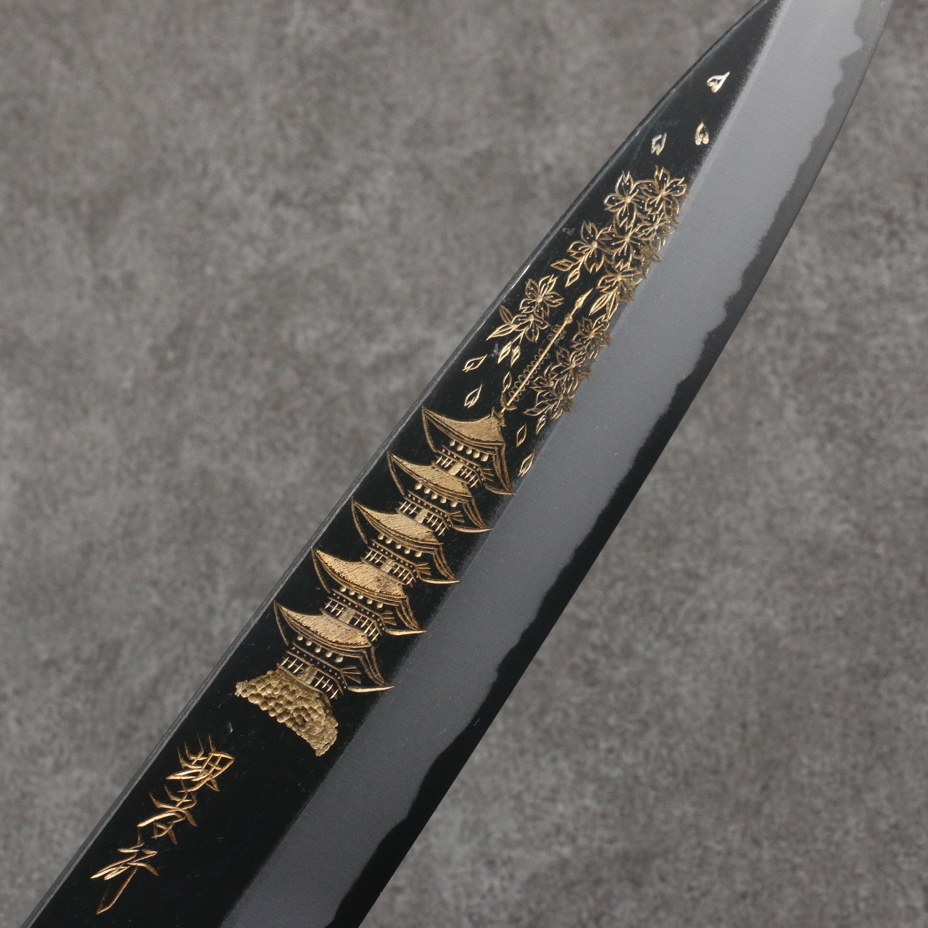 Sakai Takayuki Gold Filled Engraving by Kubota Gojunotou White Steel No.2 Black Finished Gyuto 240mm Ebony Wood Handle - Seisuke Knife