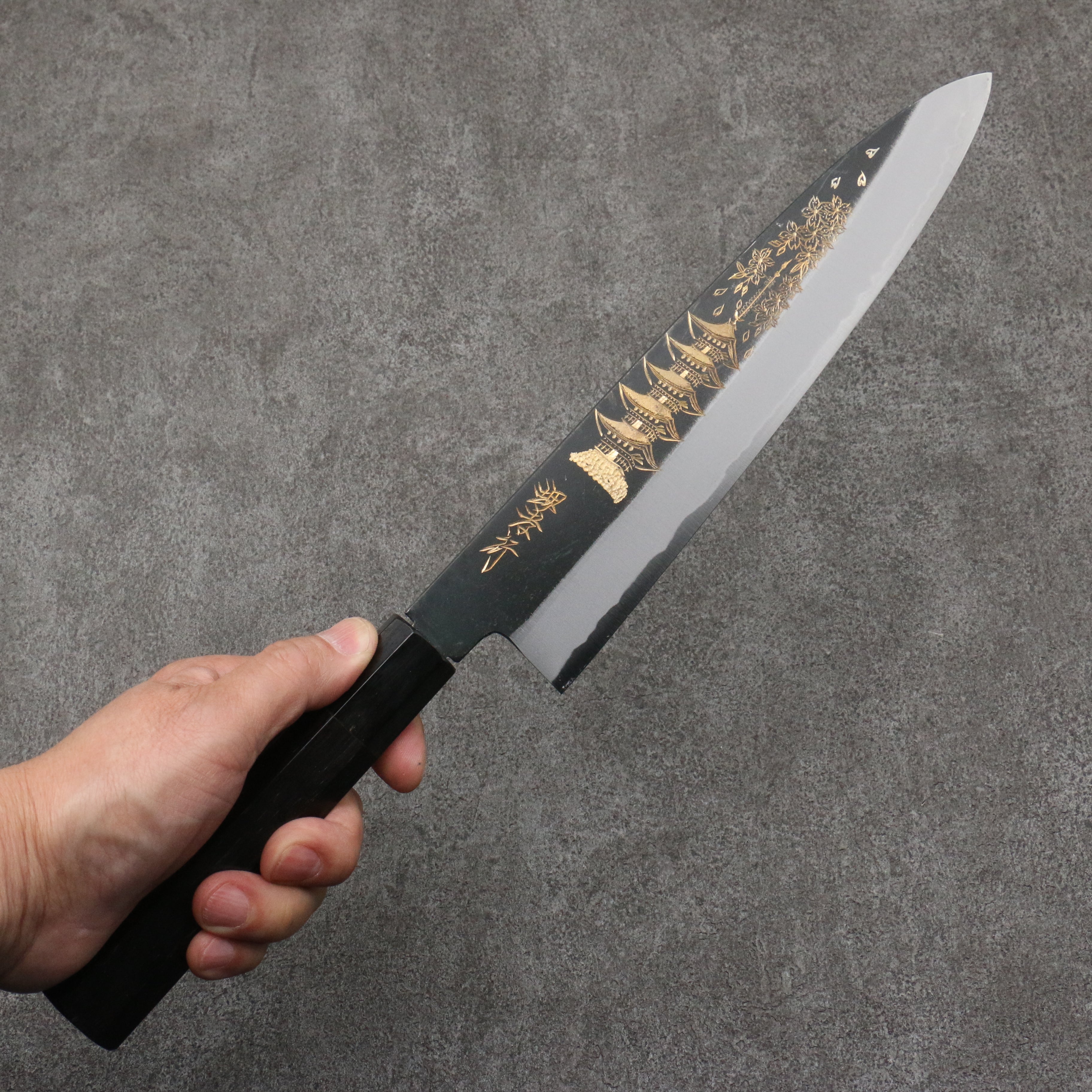 Sakai Takayuki Gold Filled Engraving by Kubota Gojunotou White Steel No.2 Black Finished Gyuto 240mm Ebony Wood Handle - Seisuke Knife