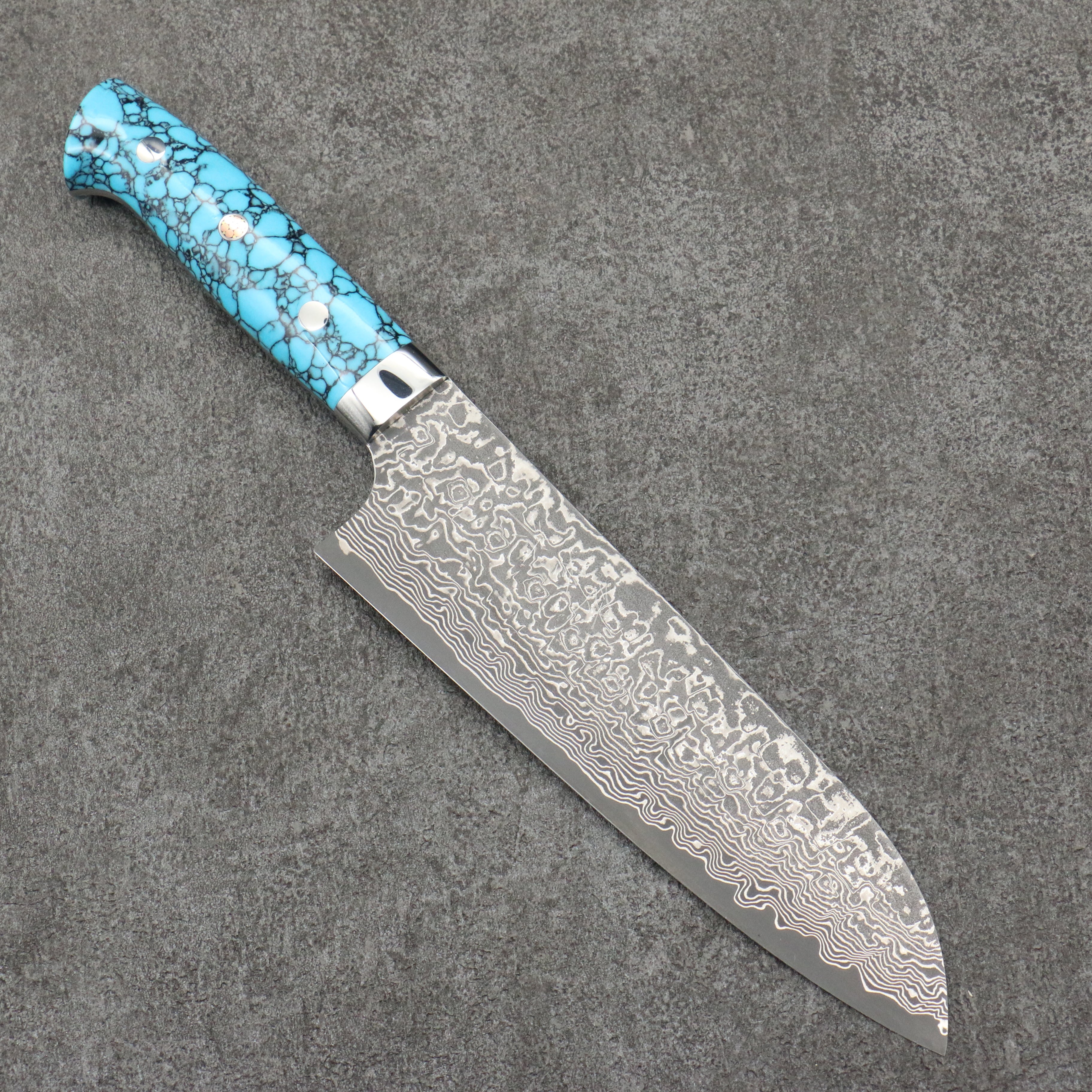 Takeshi Saji SG2 Black Damascus Santoku 180mm Blue Turquoise Handle - Seisuke Knife