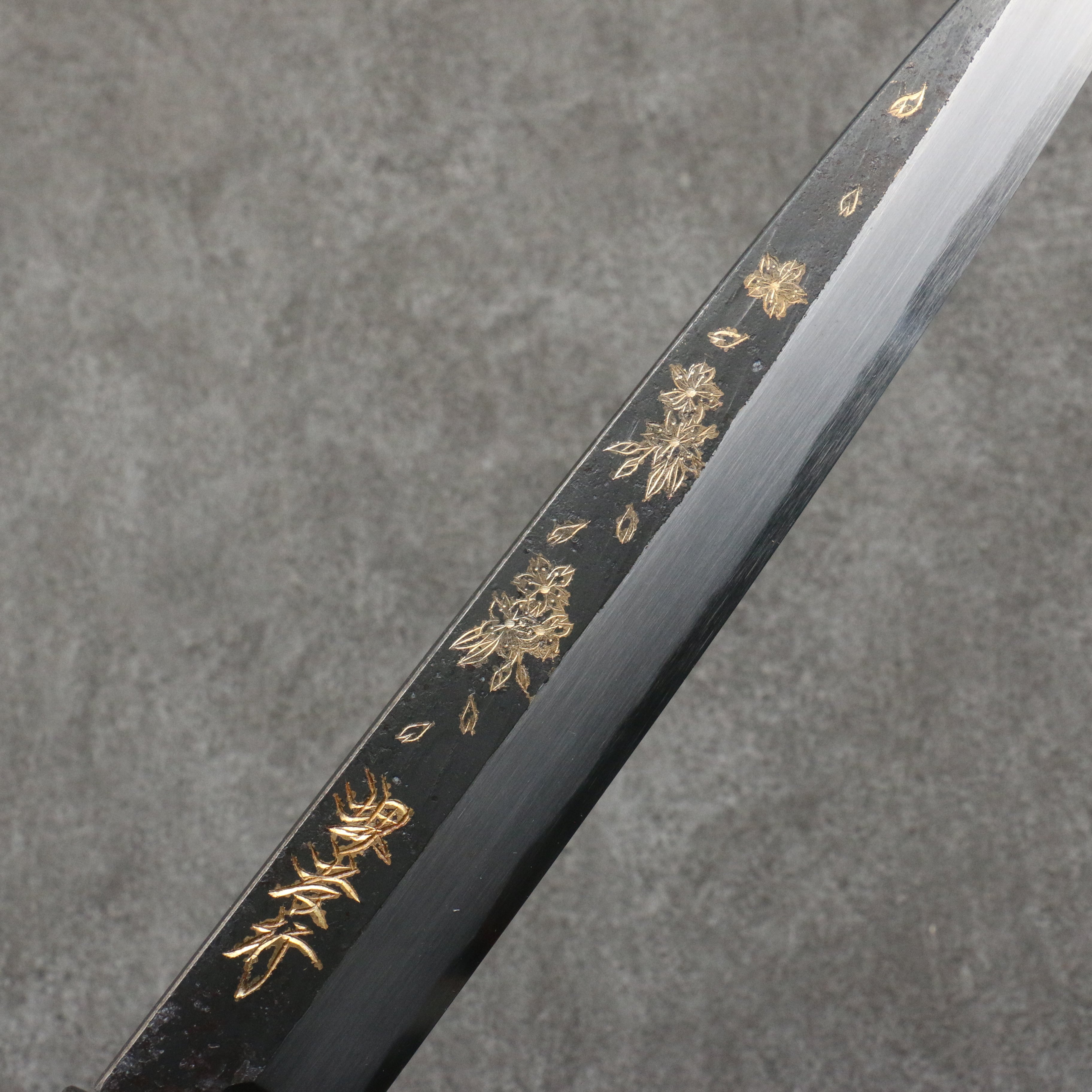 Sakai Takayuki Gold Filled Engraving by Kubota Sakura White Steel No.2 Black Finished Yanagiba 240mm Ebony Wood Handle - Seisuke Knife