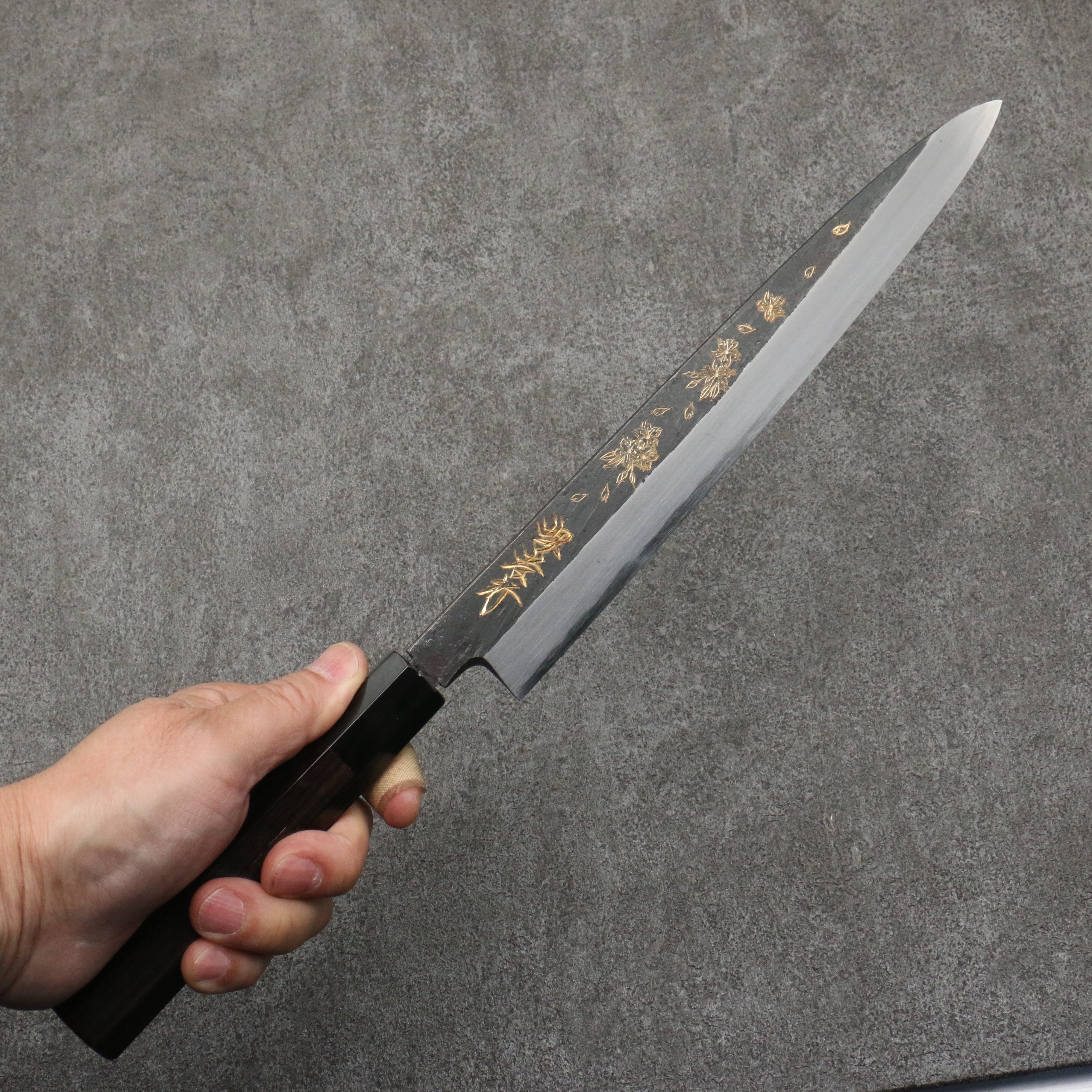 Sakai Takayuki Gold Filled Engraving by Kubota Sakura White Steel No.2 Black Finished Yanagiba 240mm Ebony Wood Handle - Seisuke Knife