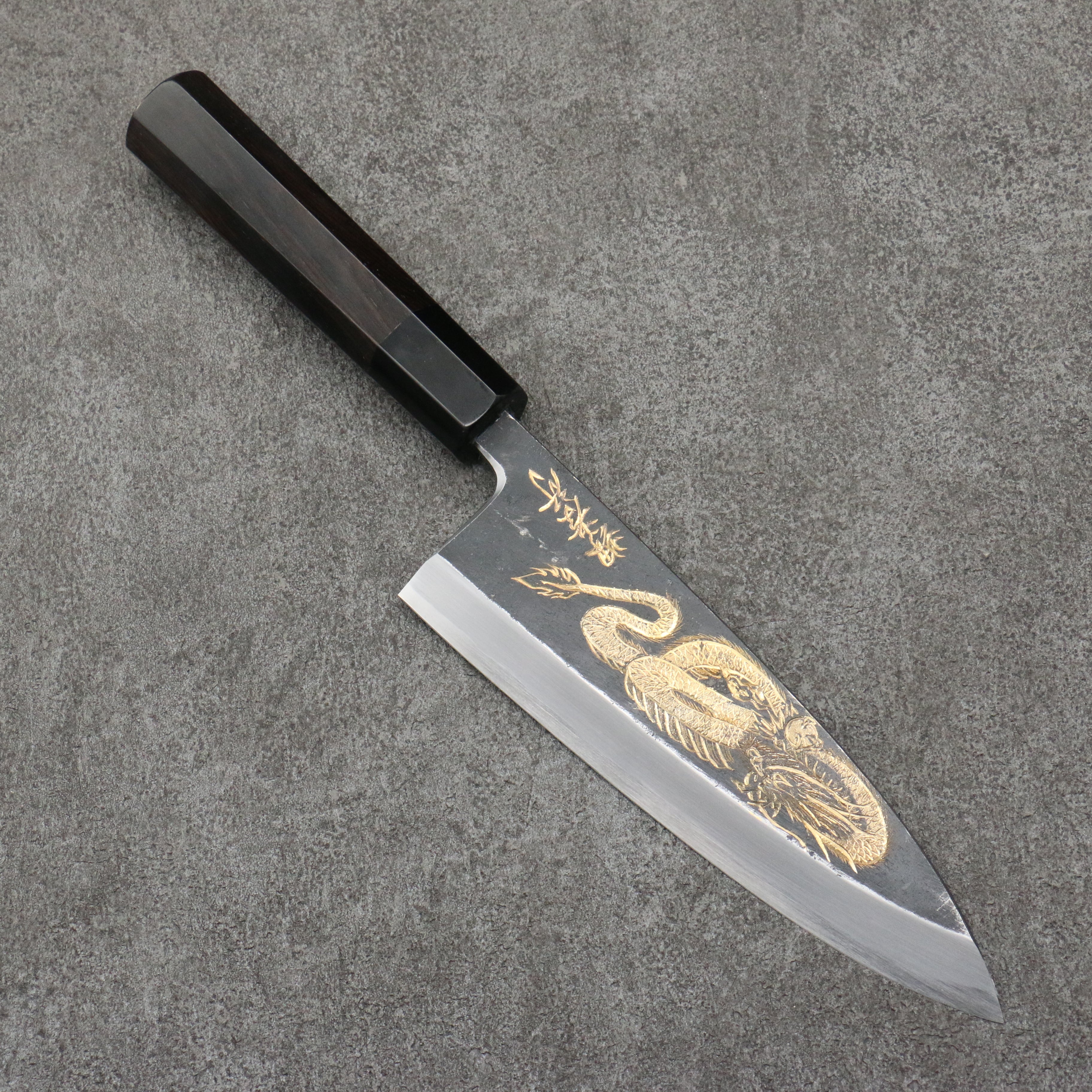 Sakai Takayuki Gold Filled Engraving by Kubota Ittoryumon White Steel No.2 Black Finished Deba 180mm Ebony Wood Handle - Seisuke Knife