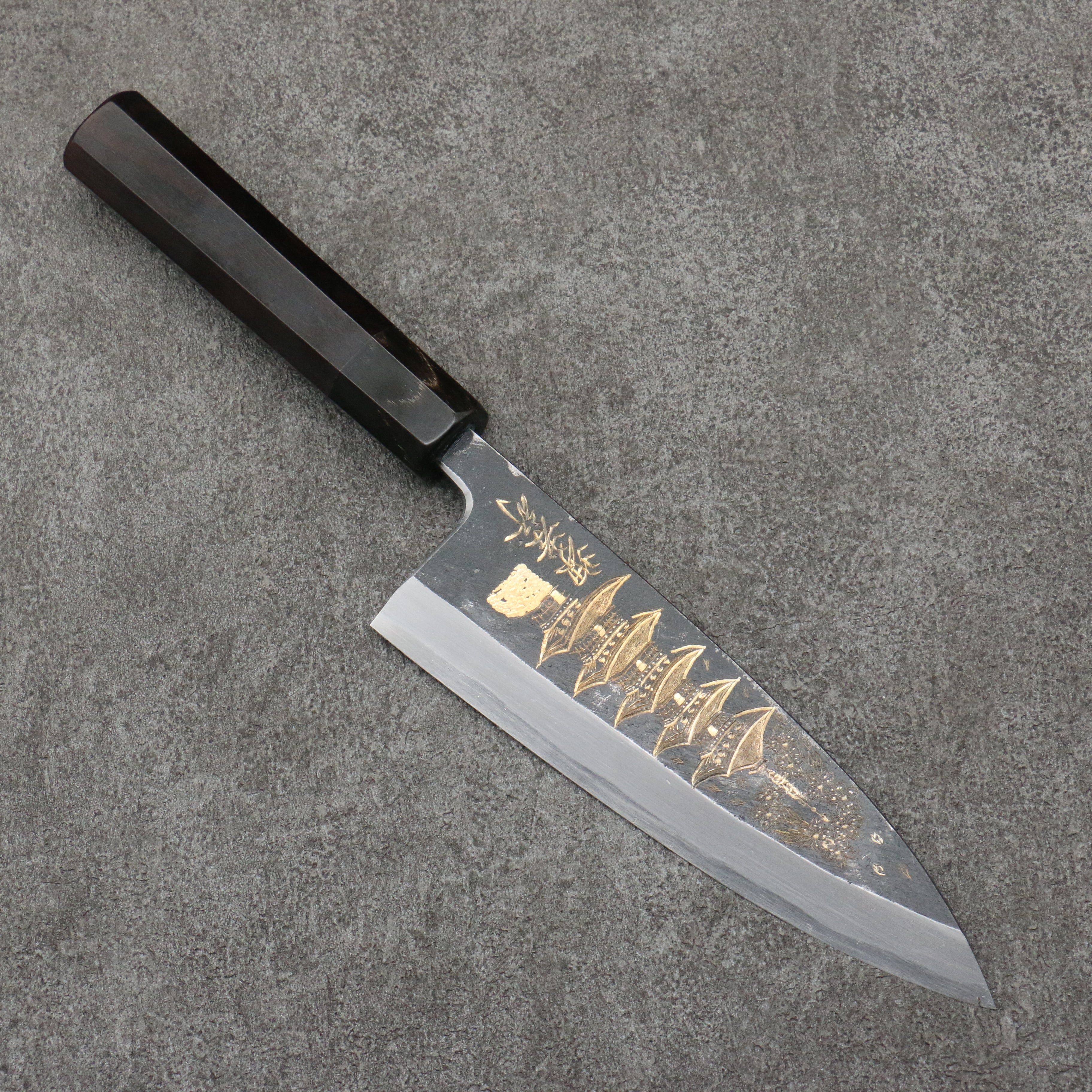 Sakai Takayuki Gold Filled Engraving by Kubota Gojunotou White Steel No.2 Black Finished Deba 165mm Ebony Wood Handle - Seisuke Knife