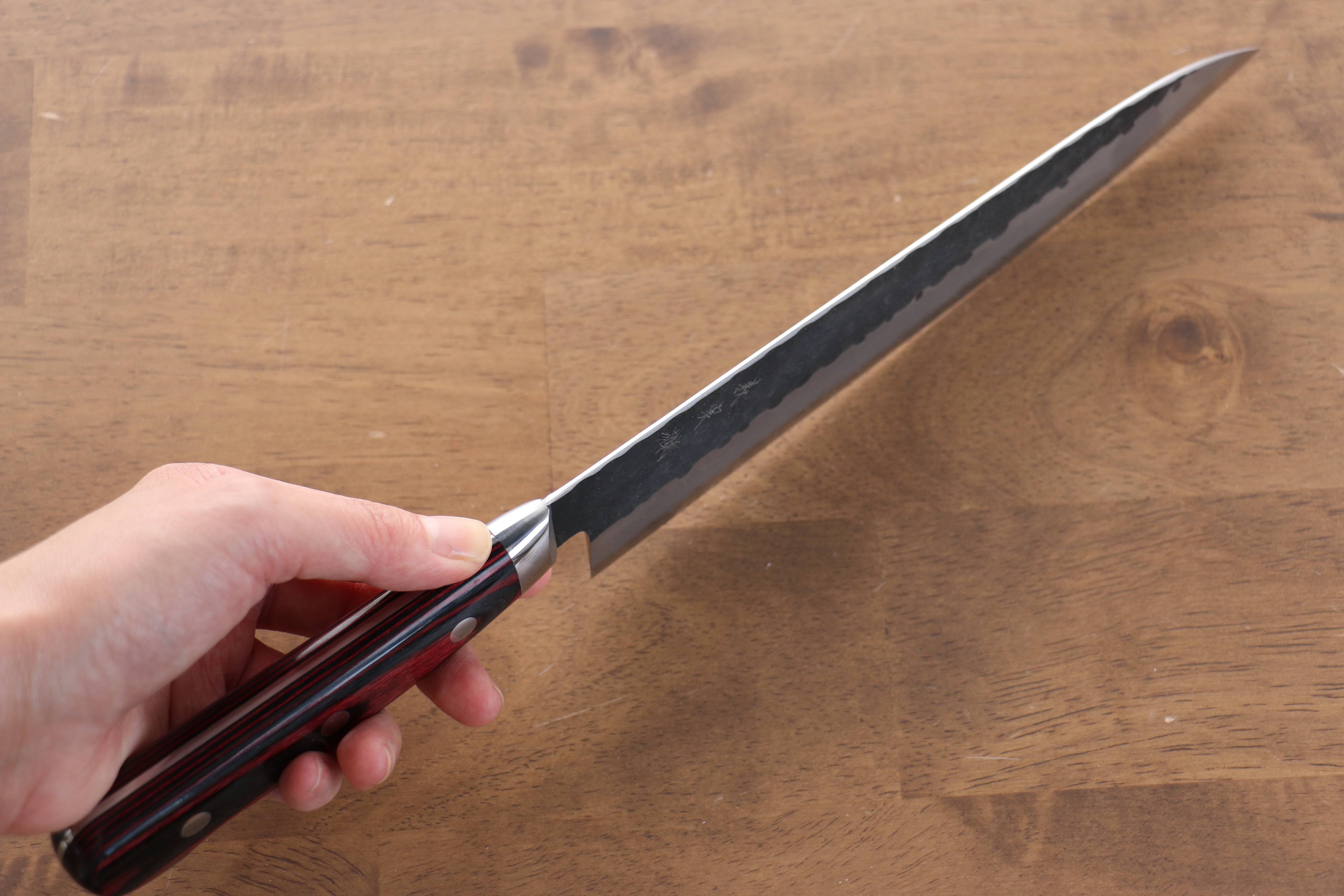 Yoshimi Kato Blue Super Kurouchi Hammered(Maru) Gyuto 210mm Red Pakka wood Handle - Seisuke Knife