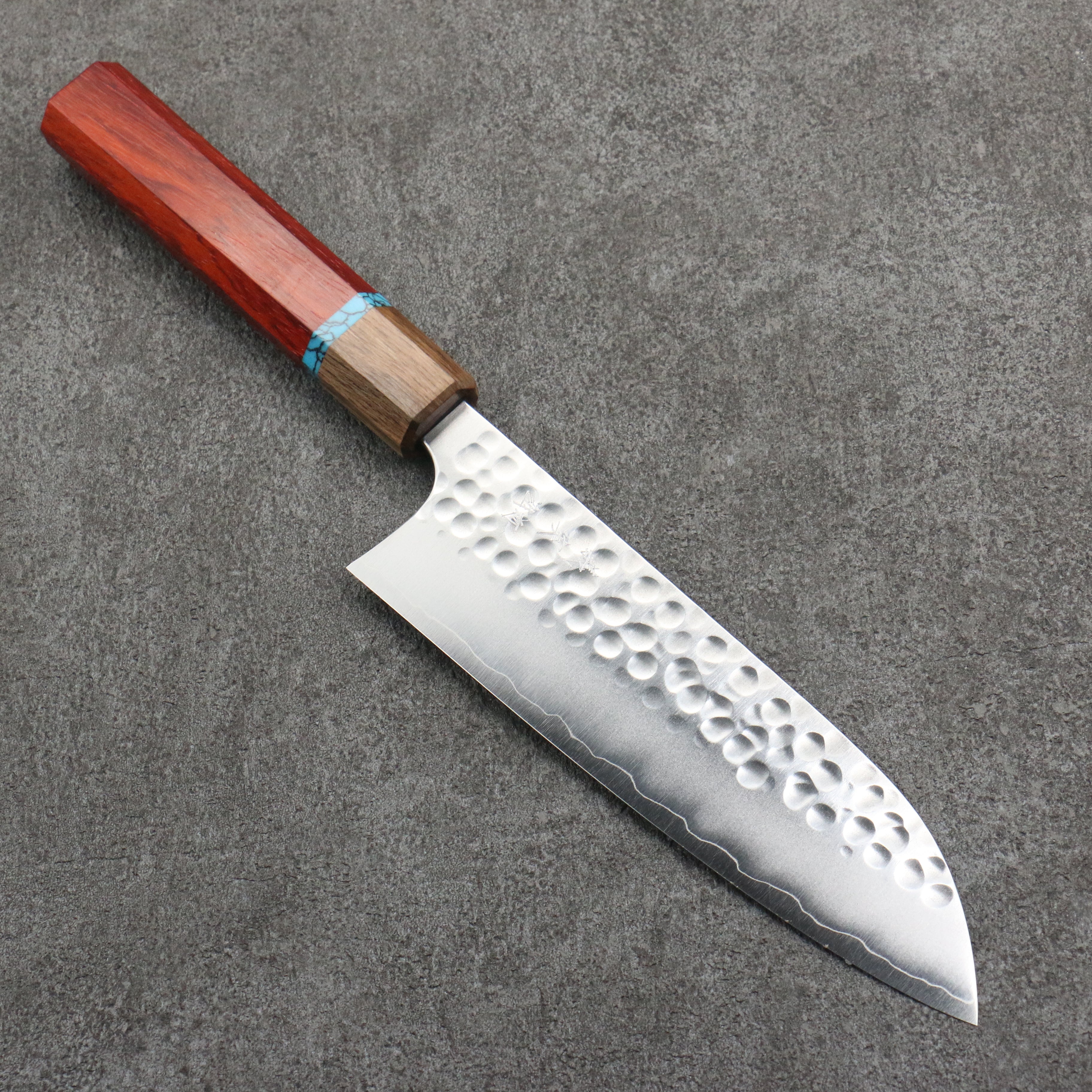 Yoshimi Kato Silver Steel No.3 Hammered(Maru) Migaki Finished Santoku 170mm Padoauk(Turquoise Ring) Handle - Seisuke Knife