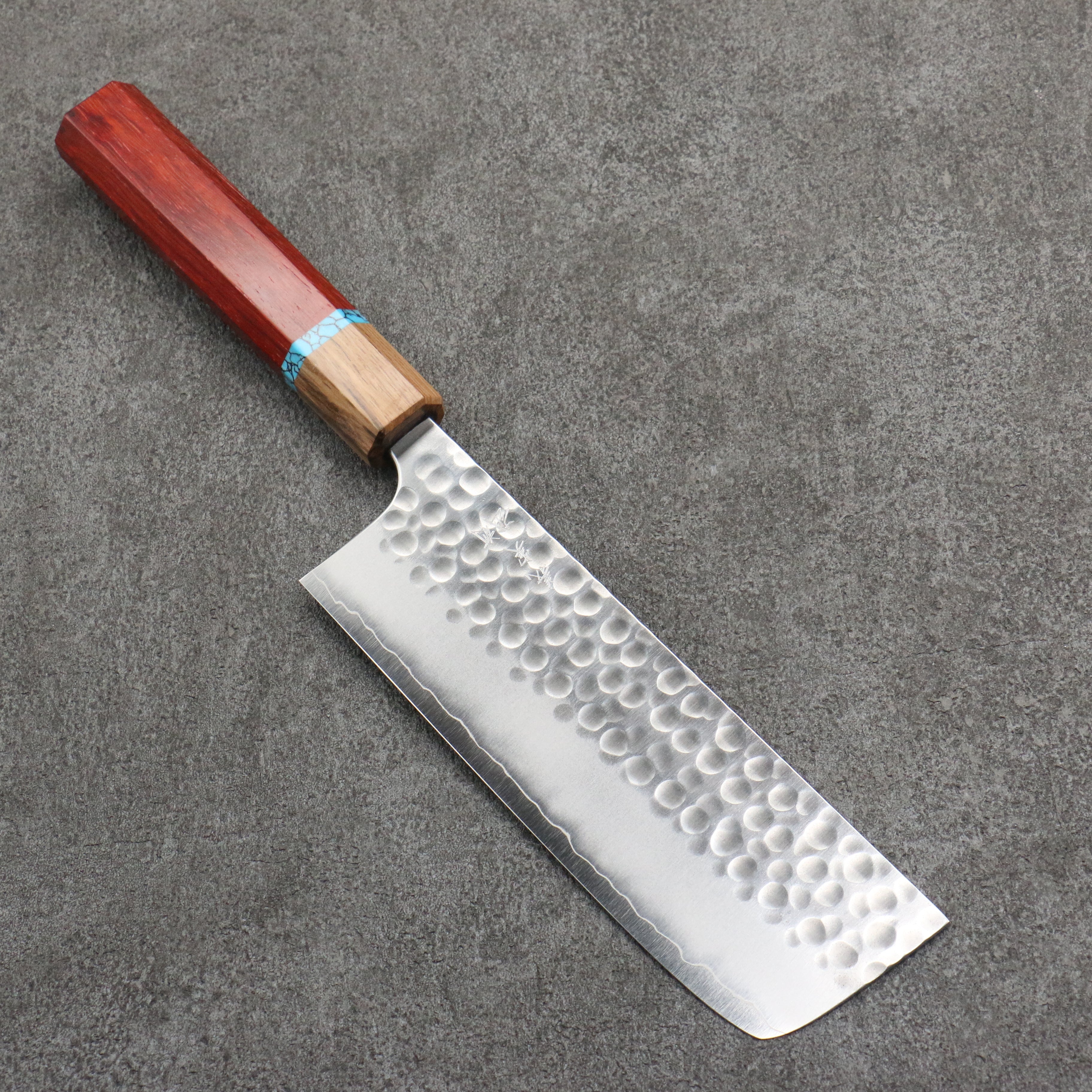 Yoshimi Kato Silver Steel No.3 Hammered(Maru) Migaki Finished Nakiri 165mm Padoauk(Turquoise Ring) Handle - Seisuke Knife