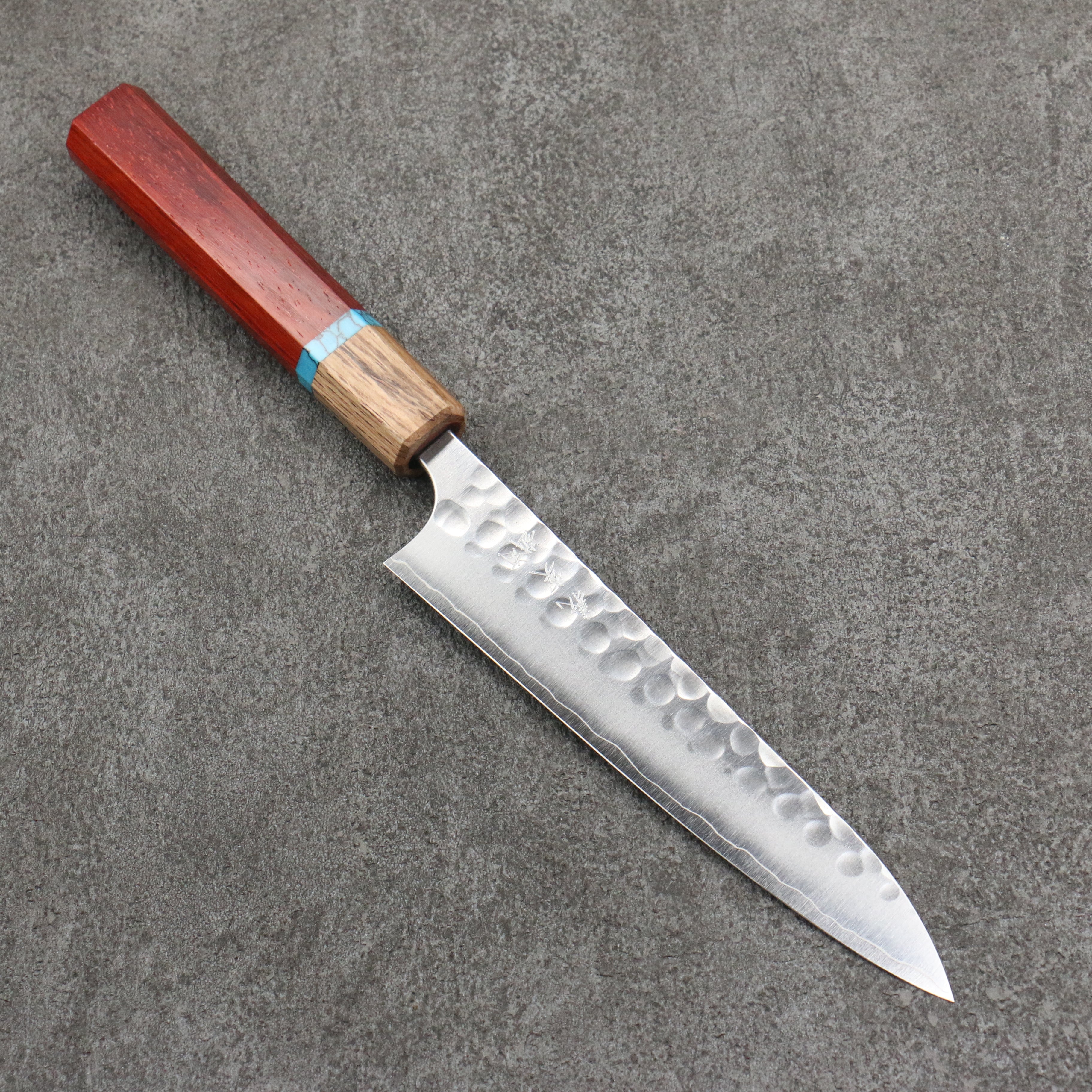 Yoshimi Kato Silver Steel No.3 Hammered(Maru) Migaki Finished Petty-Utility 150mm Padoauk(Turquoise Ring) Handle - Seisuke Knife