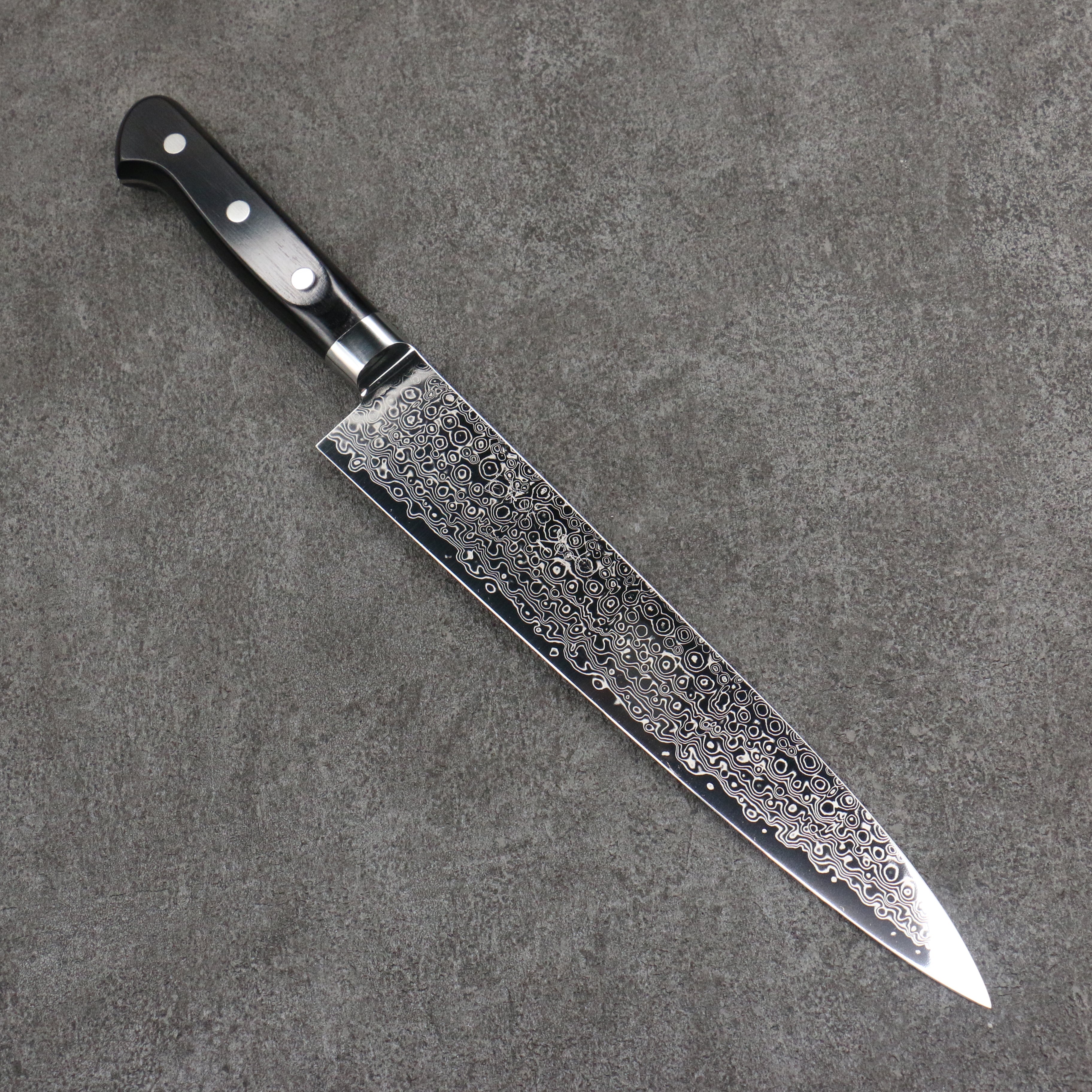 Ryusen Bonten Unryu VG10 63 Layer Damascus Sujihiki 240mm Black Pakkawood Handle - Seisuke Knife