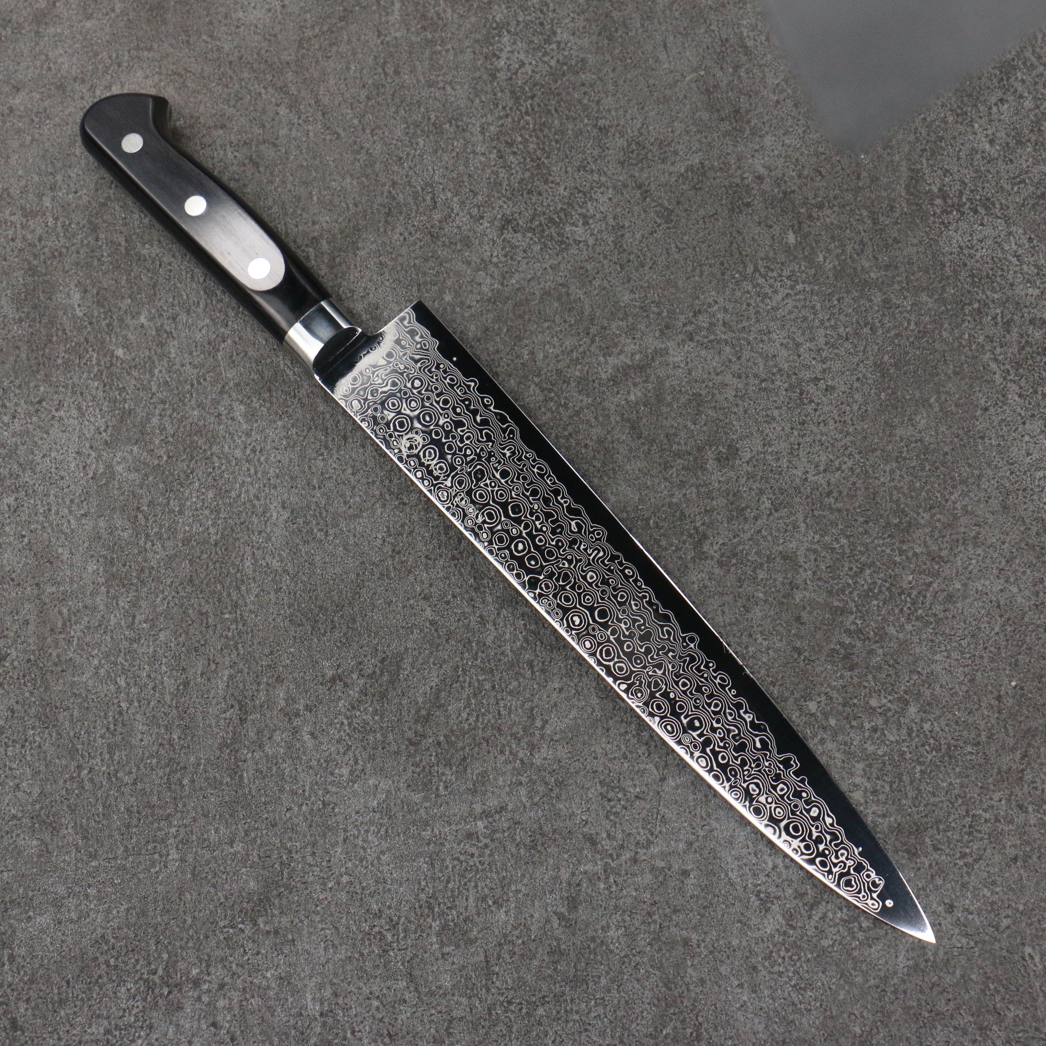 Ryusen Bonten Unryu VG10 63 Layer Damascus Sujihiki 240mm Black Pakkawood Handle - Seisuke Knife